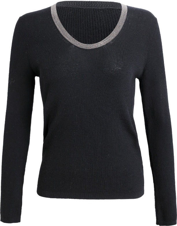 KAMILAN Women's Wool Knit Sweater – 2025 Autumn Winter Black Long-Sleeve Pullover Base Top