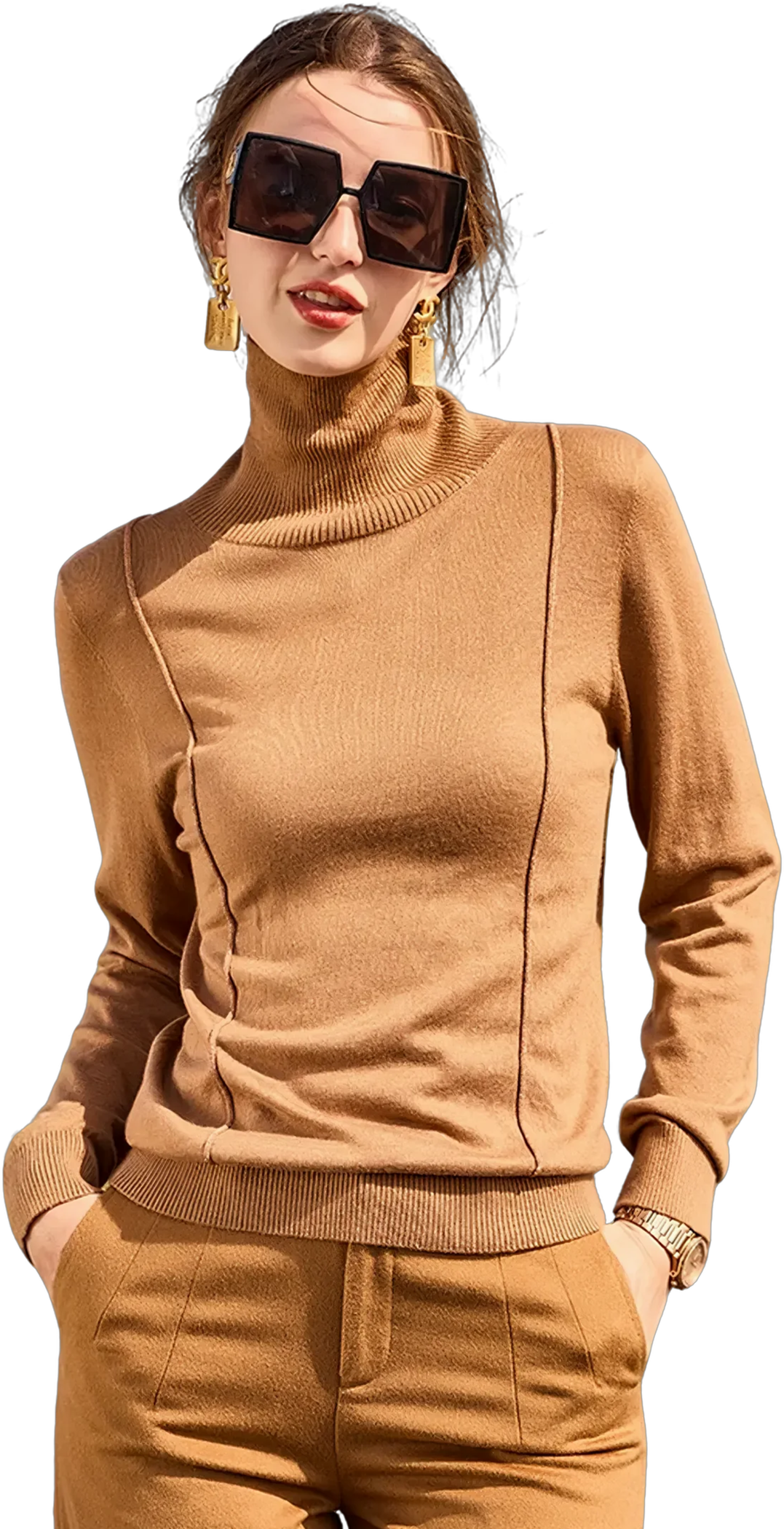 KAMILAN Short-sleeved high-neck sweater top for women in 2025 autumn-winter collection. Knitted top with long sleeves as a base layer.