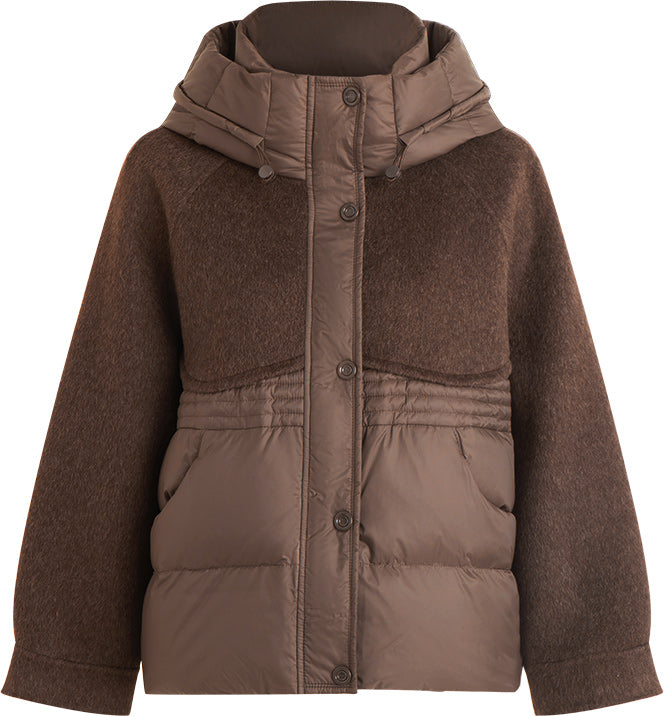 KAMILAN Women's Short Hooded Down Jacket – 2025 Winter New Wool Splice White Duck Down Puffer Coat