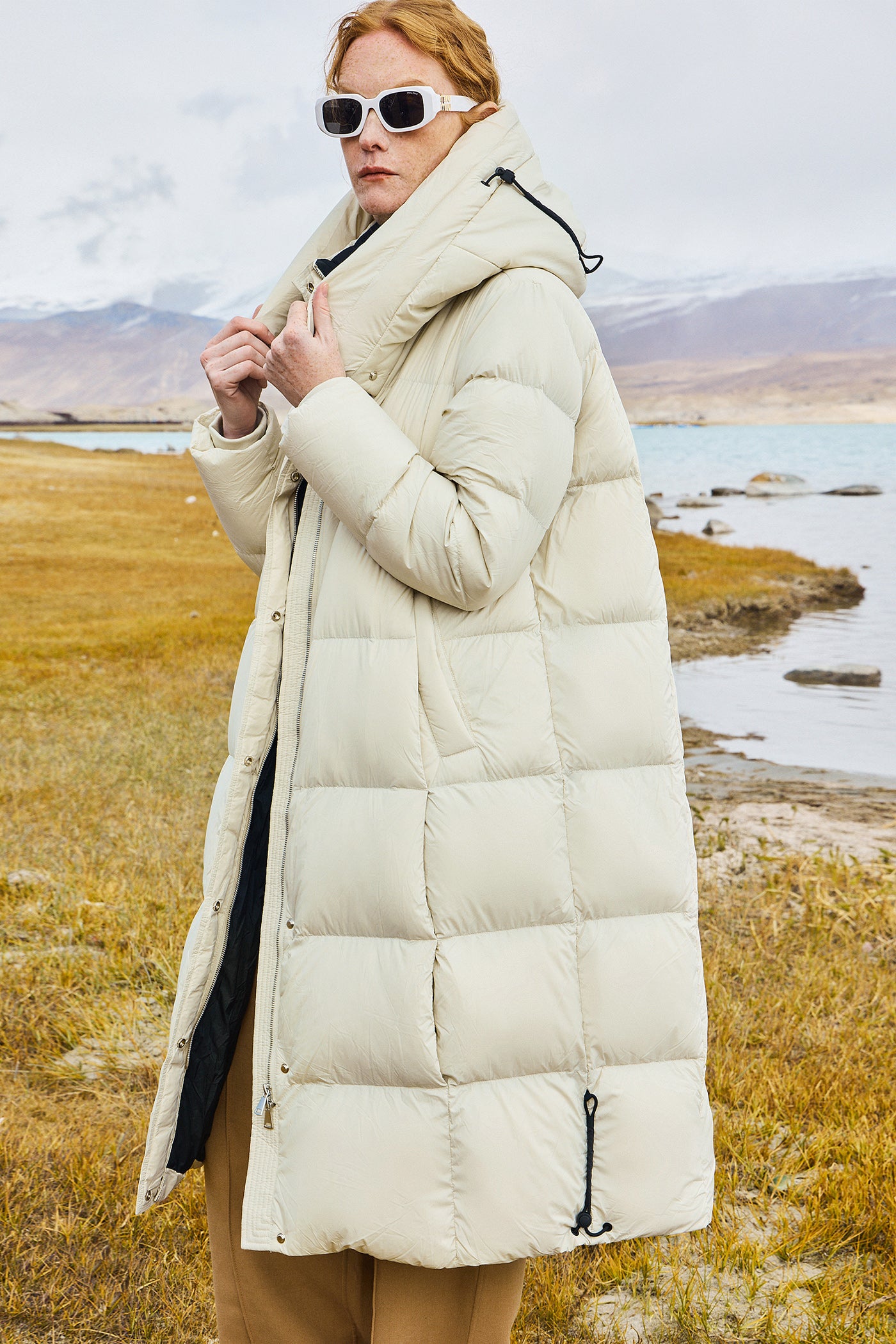 KAMILAN Women's White Goose Down Long Hooded Coat – 2025 Winter Collection, Knee-Length