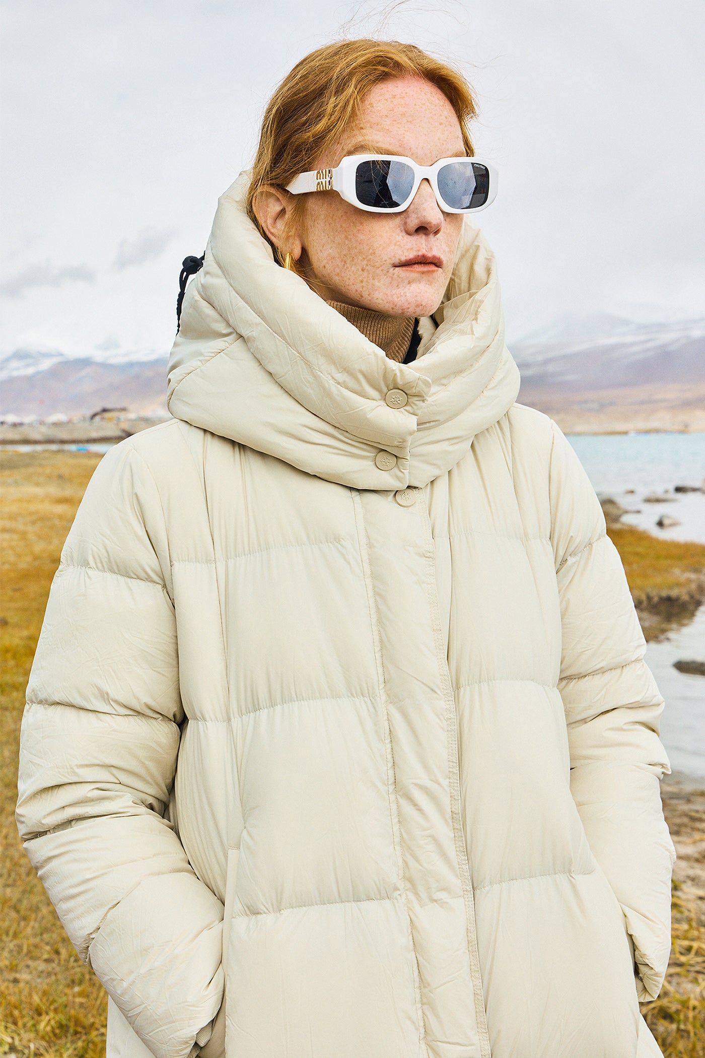 KAMILAN Women's White Goose Down Long Hooded Coat – 2025 Winter Collection, Knee-Length