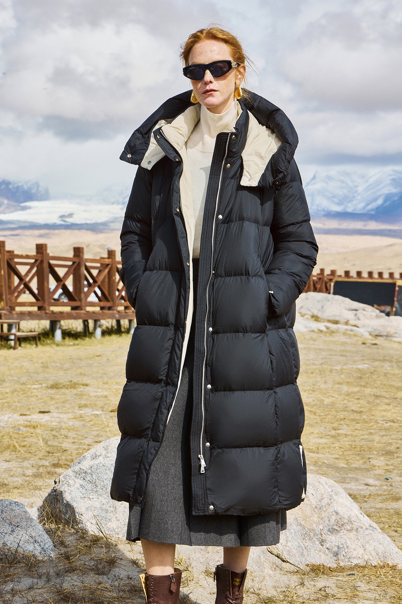 KAMILAN Women's White Goose Down Long Hooded Coat – 2025 Winter Collection, Knee-Length