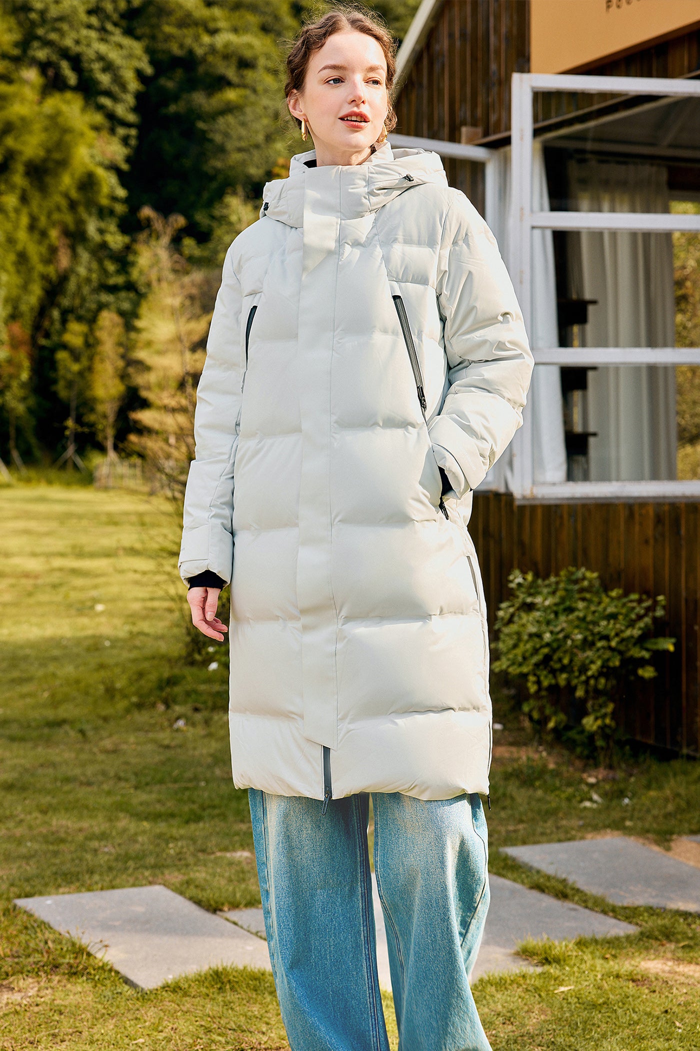 KAMILAN 2025 Winter New Mid‑Length White Goose Down Coat with Hood