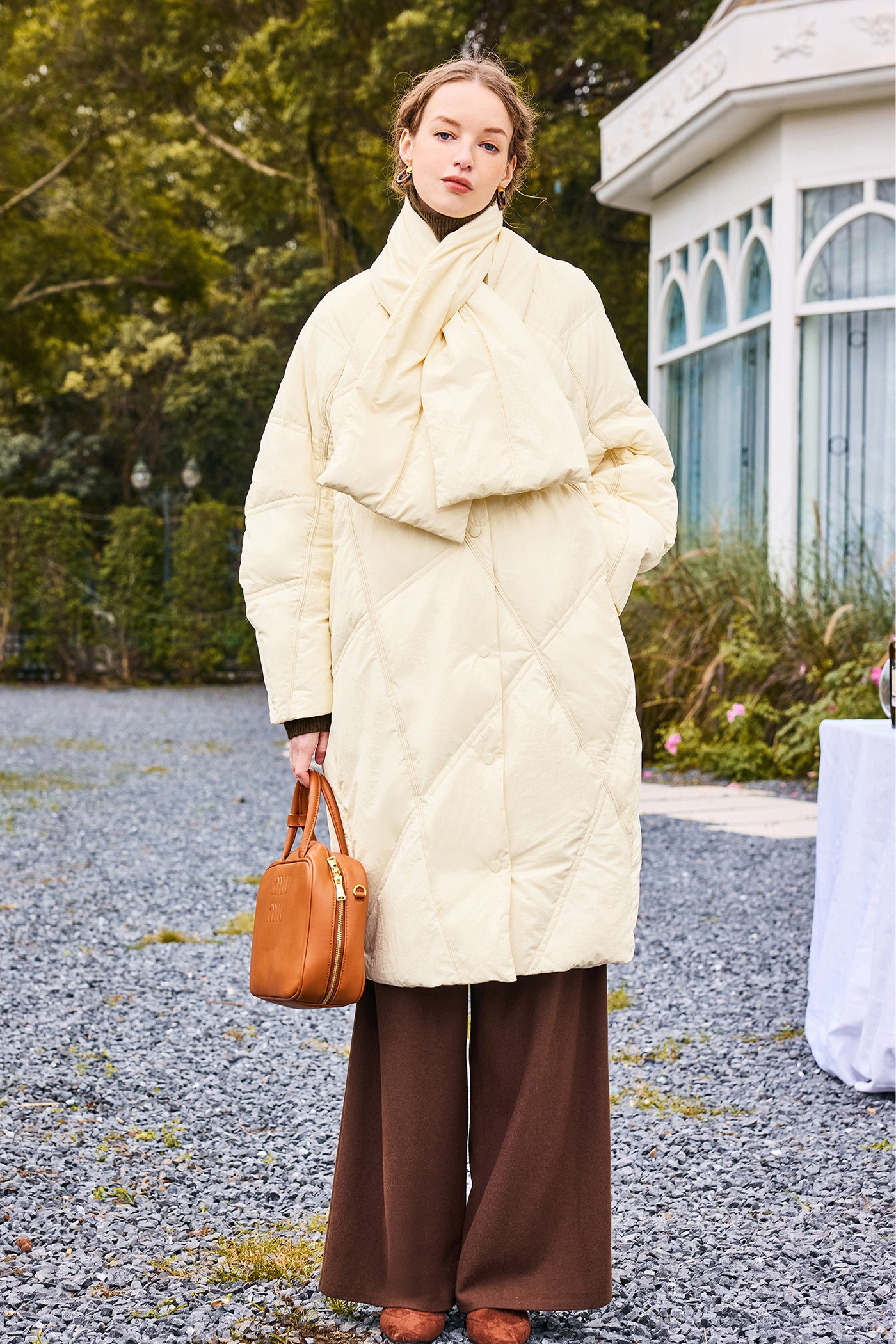 KAMILAN Turtleneck-Scarf Hooded Mid‑Length White Duck Down Coat — 2025 Winter New Arrival
