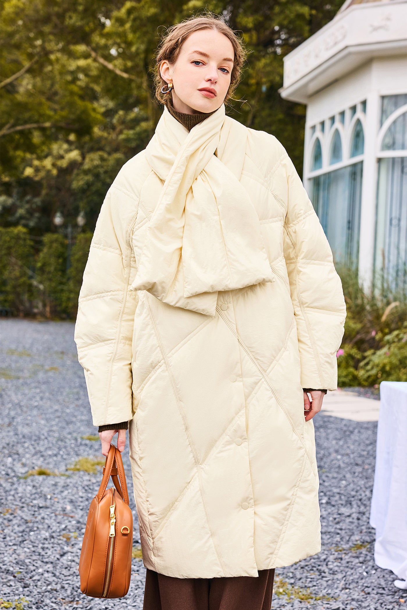 KAMILAN Turtleneck-Scarf Hooded Mid‑Length White Duck Down Coat — 2025 Winter New Arrival