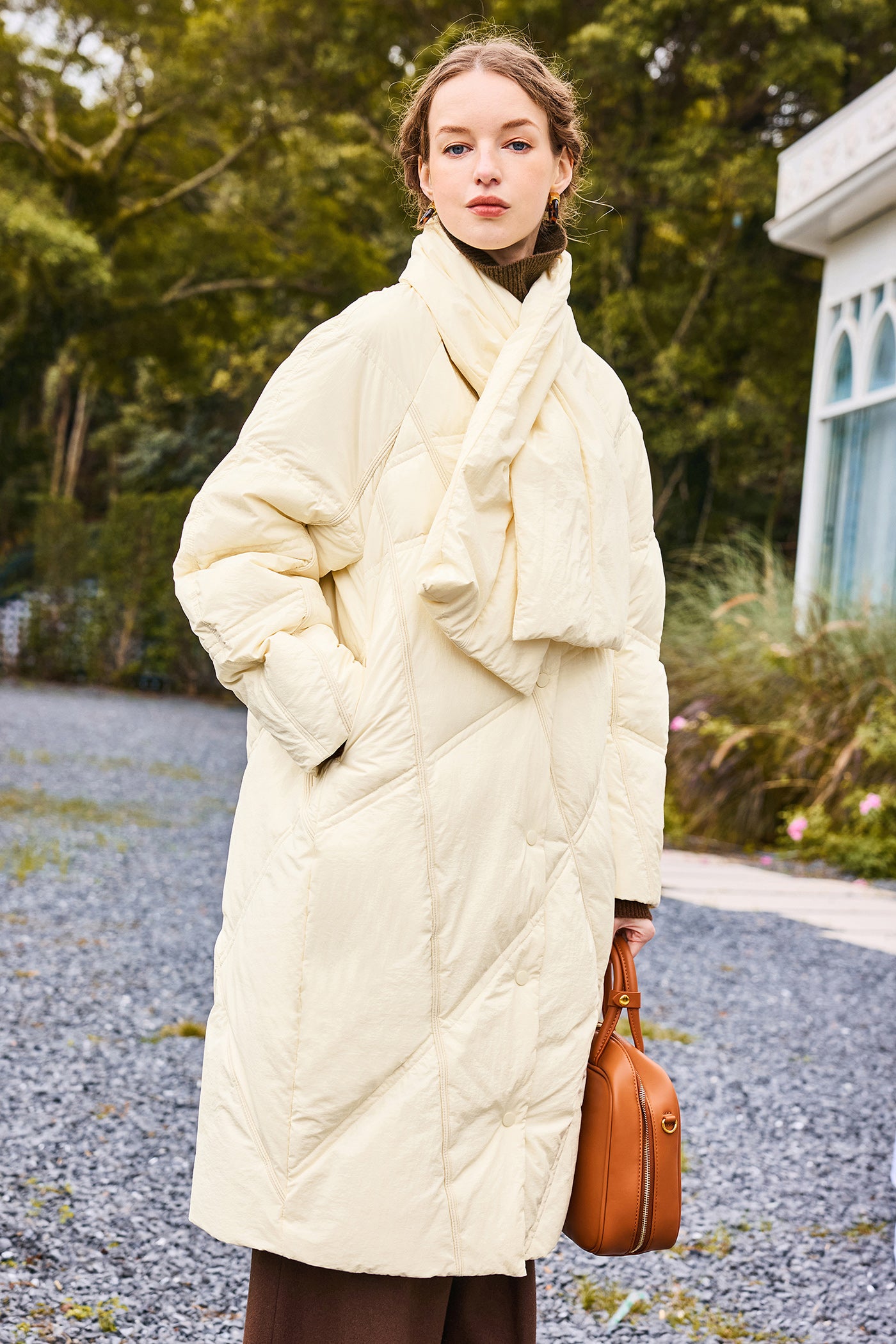 KAMILAN Turtleneck-Scarf Hooded Mid‑Length White Duck Down Coat — 2025 Winter New Arrival