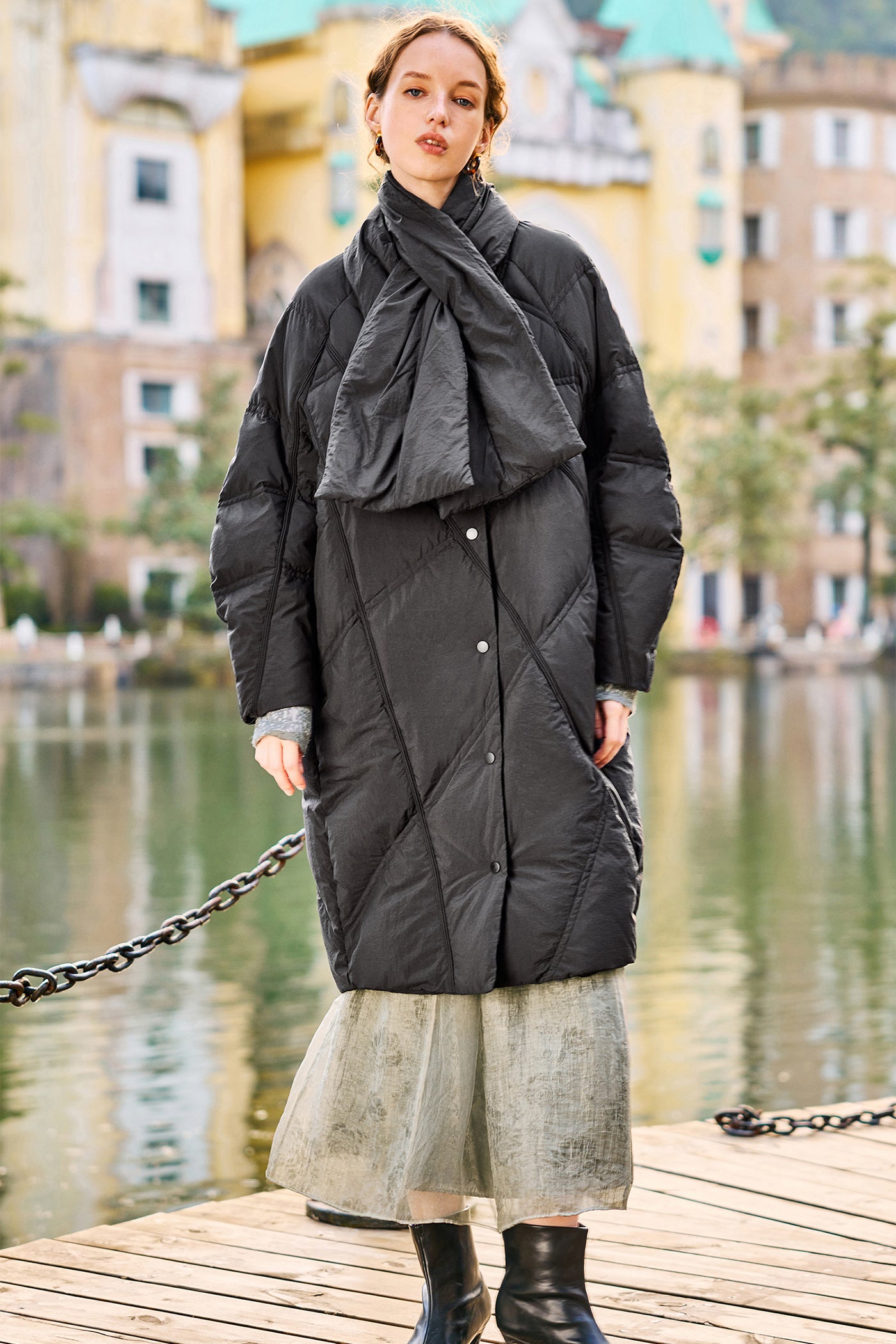 KAMILAN Turtleneck-Scarf Hooded Mid‑Length White Duck Down Coat — 2025 Winter New Arrival