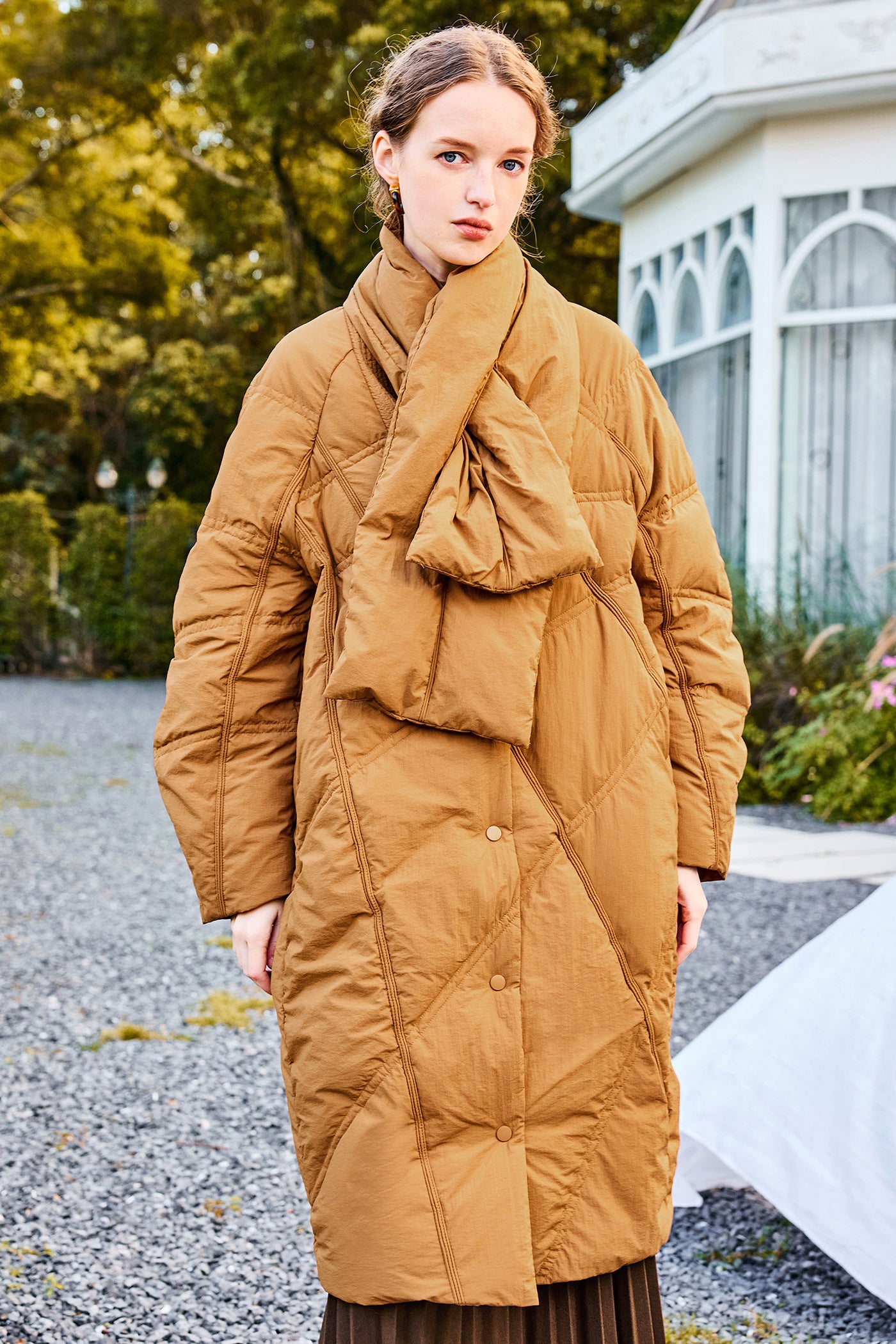 KAMILAN Turtleneck-Scarf Hooded Mid‑Length White Duck Down Coat — 2025 Winter New Arrival