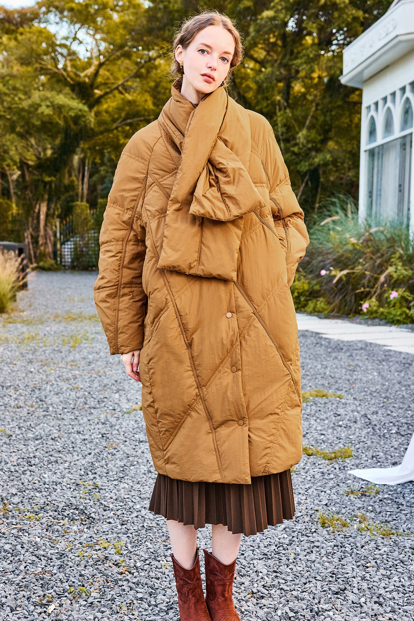 KAMILAN Turtleneck-Scarf Hooded Mid‑Length White Duck Down Coat — 2025 Winter New Arrival