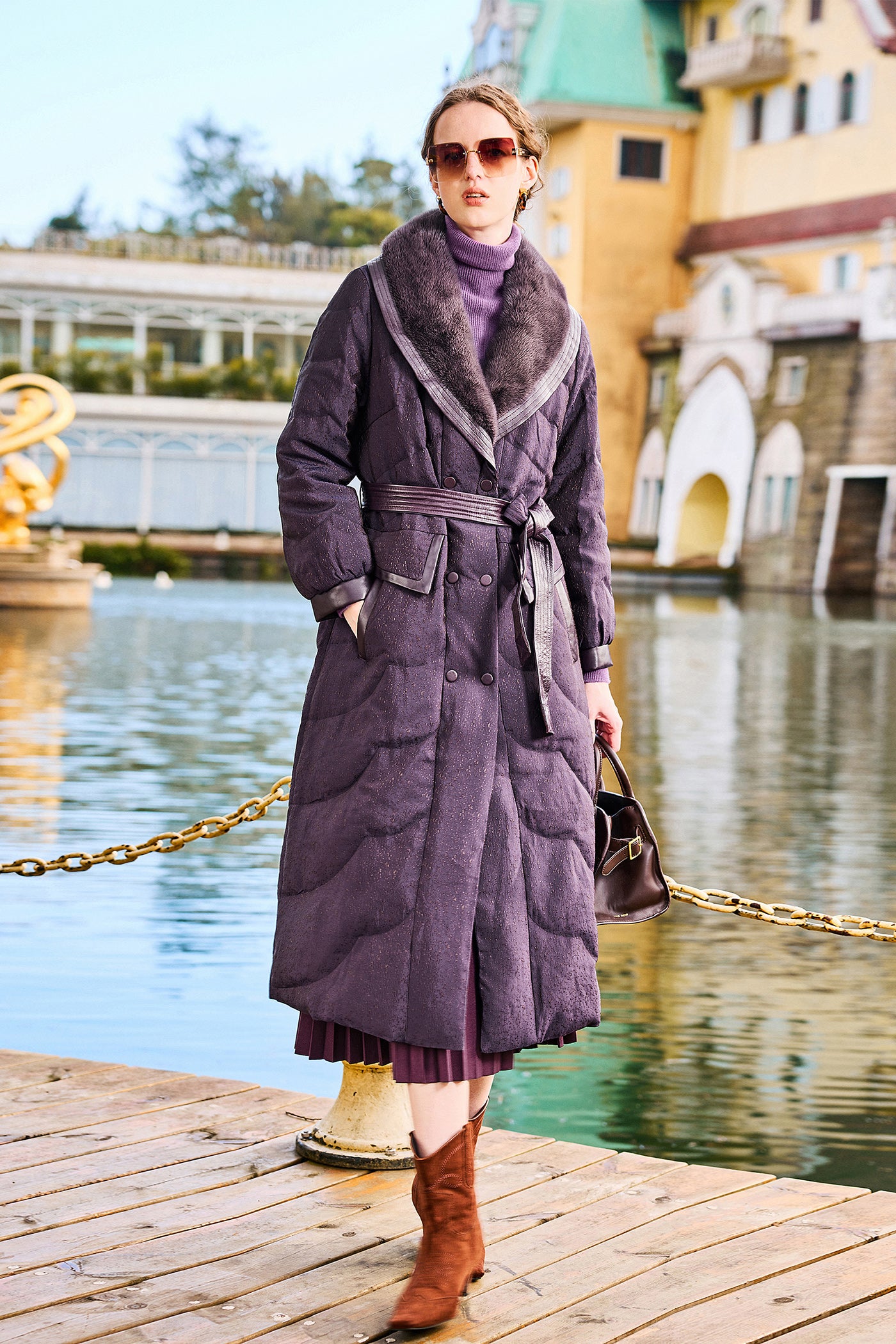 KAMILAN Women's Sheepskin Patchwork Down Coat – 2025 Winter New Mid-Length Warm Goose Down Jacket