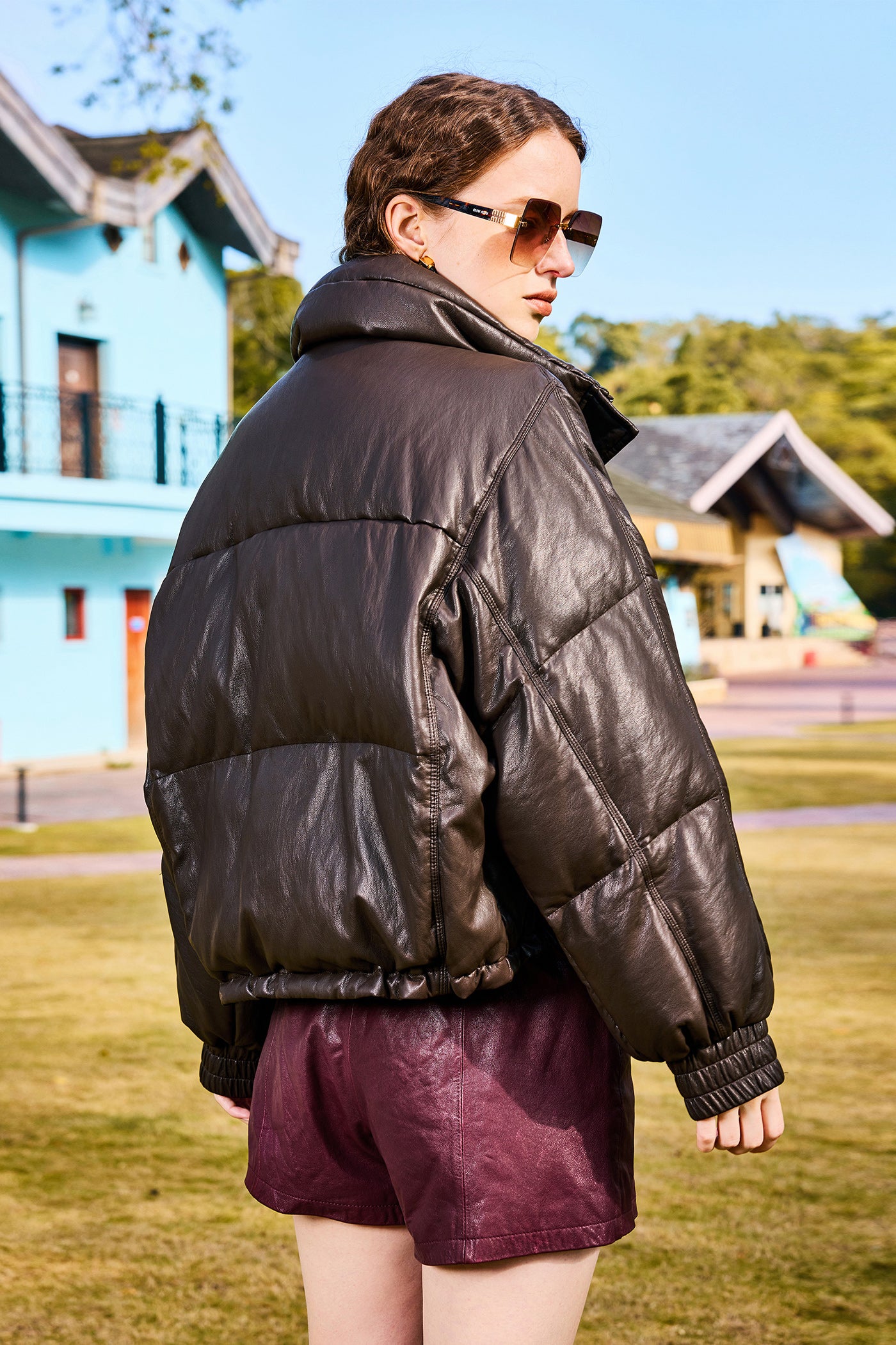 KAMILAN Women's Short PU Leather Down Jacket – 2025 Winter Collection, Stylish High Neck with White Duck Down Insulation