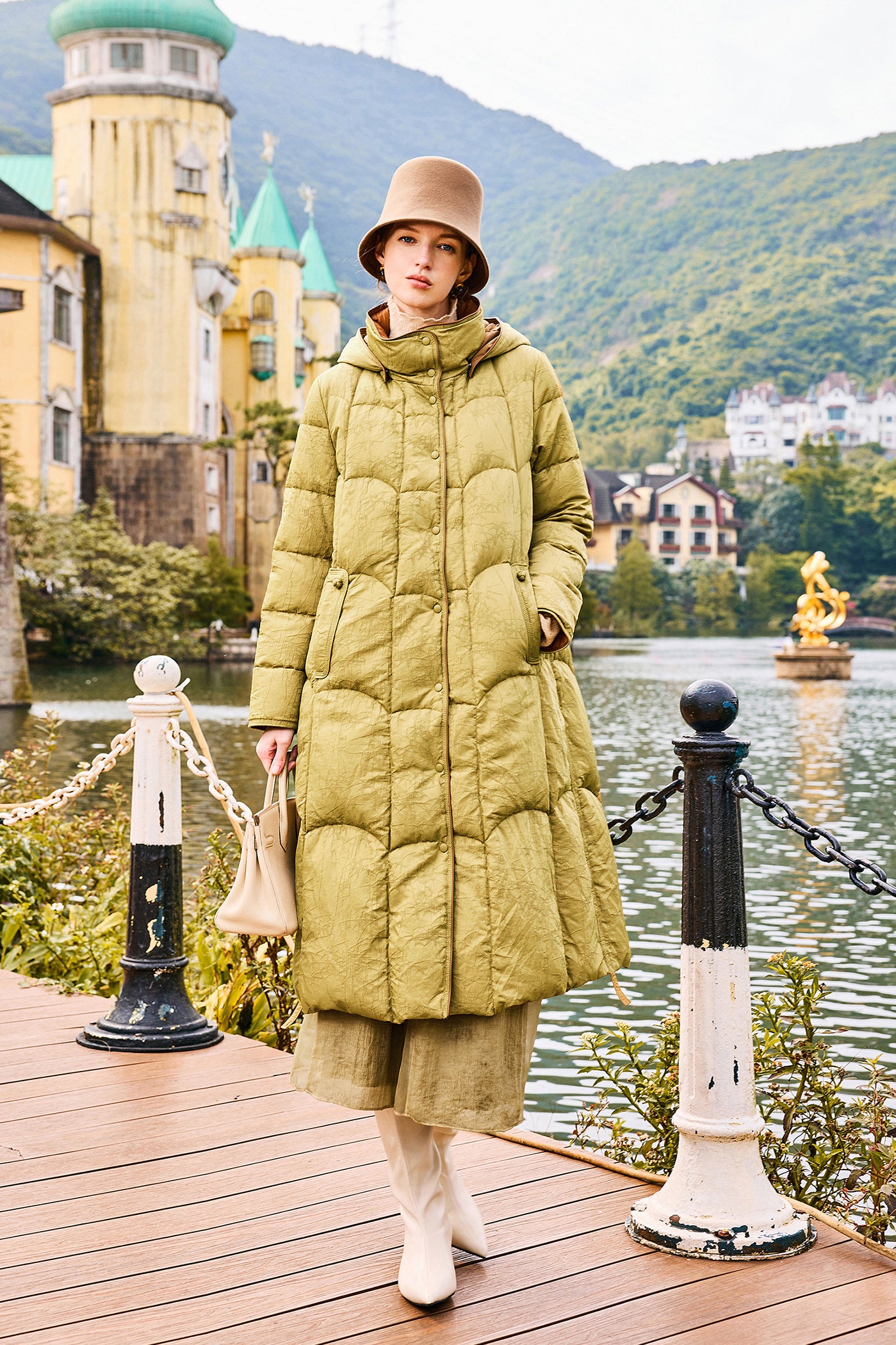 KAMILAN Women's White Goose Down Mid-Length Hooded Jacket – 2025 Winter Collection