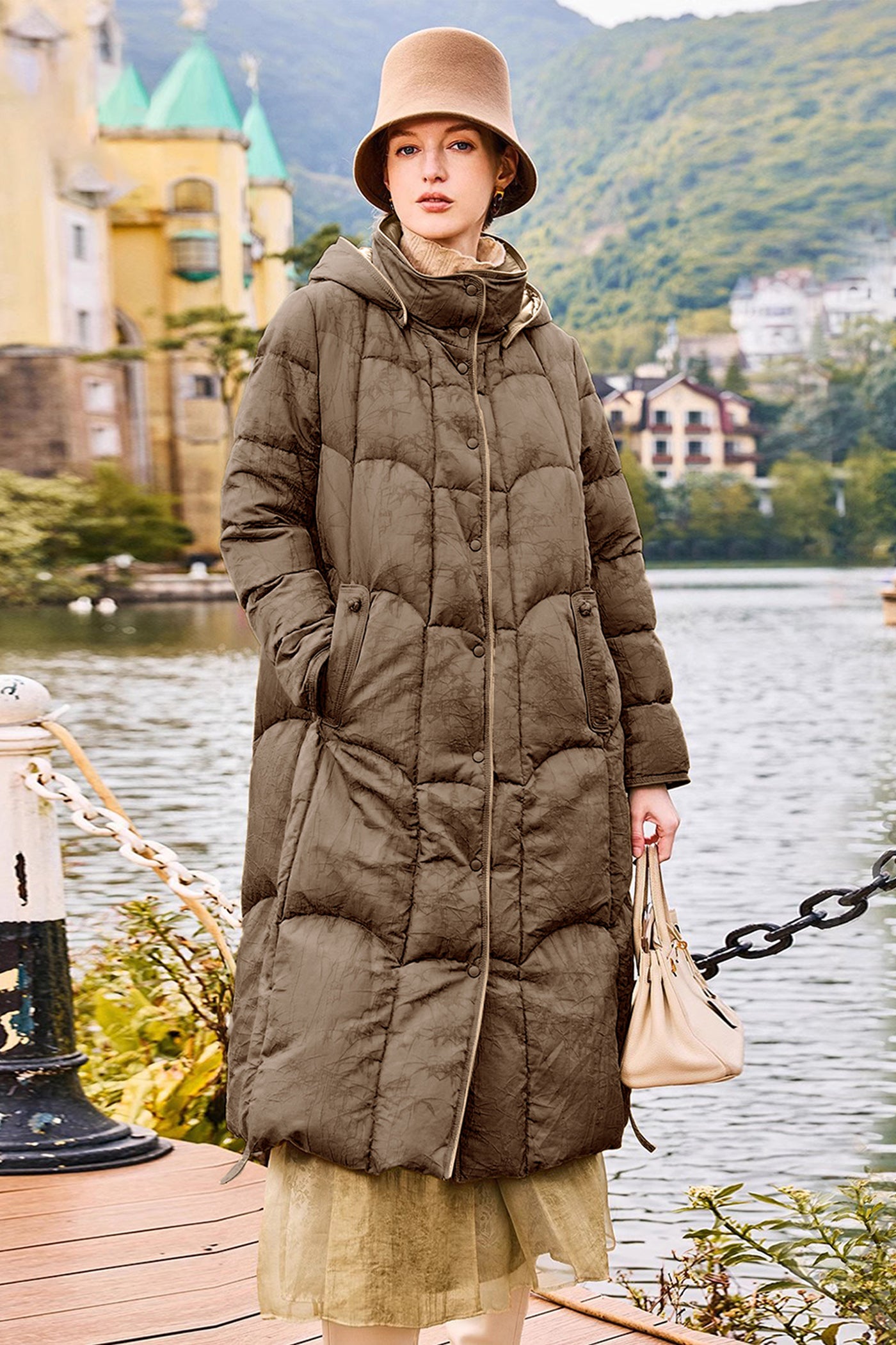 KAMILAN Women's White Goose Down Mid-Length Hooded Jacket – 2025 Winter Collection
