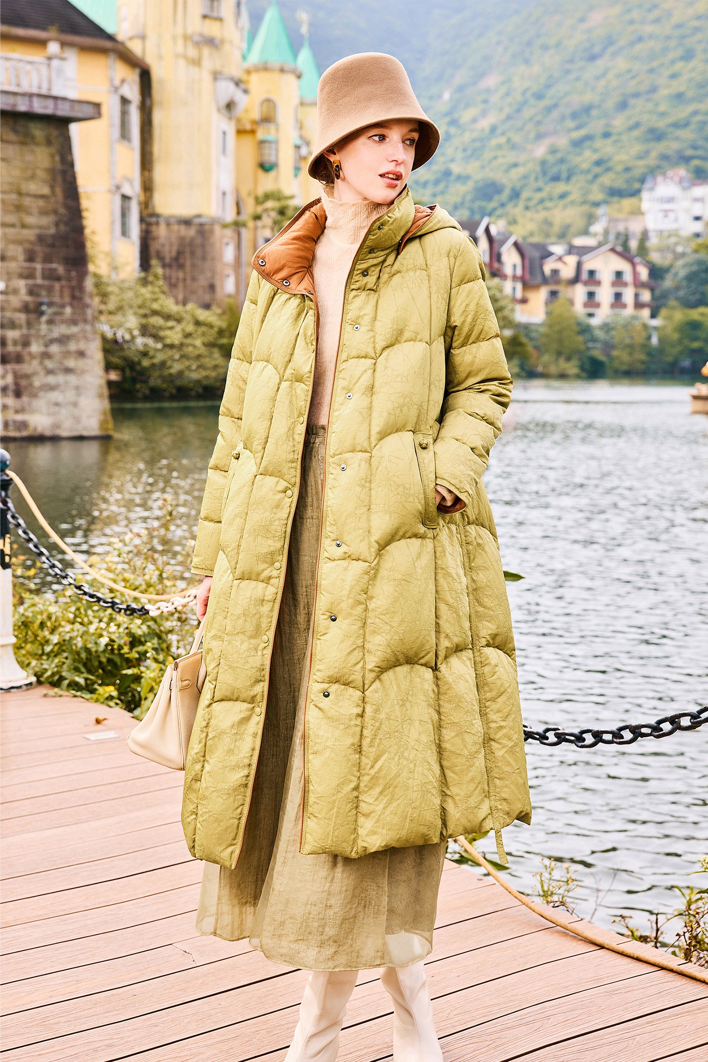 KAMILAN Women's White Goose Down Mid-Length Hooded Jacket – 2025 Winter Collection