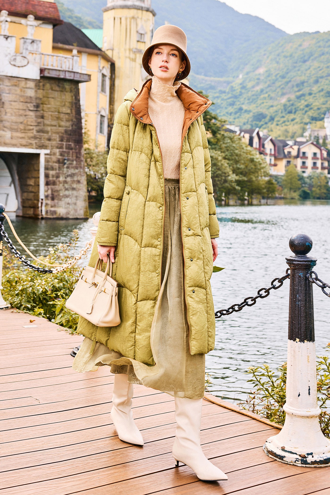 KAMILAN Women's White Goose Down Mid-Length Hooded Jacket – 2025 Winter Collection