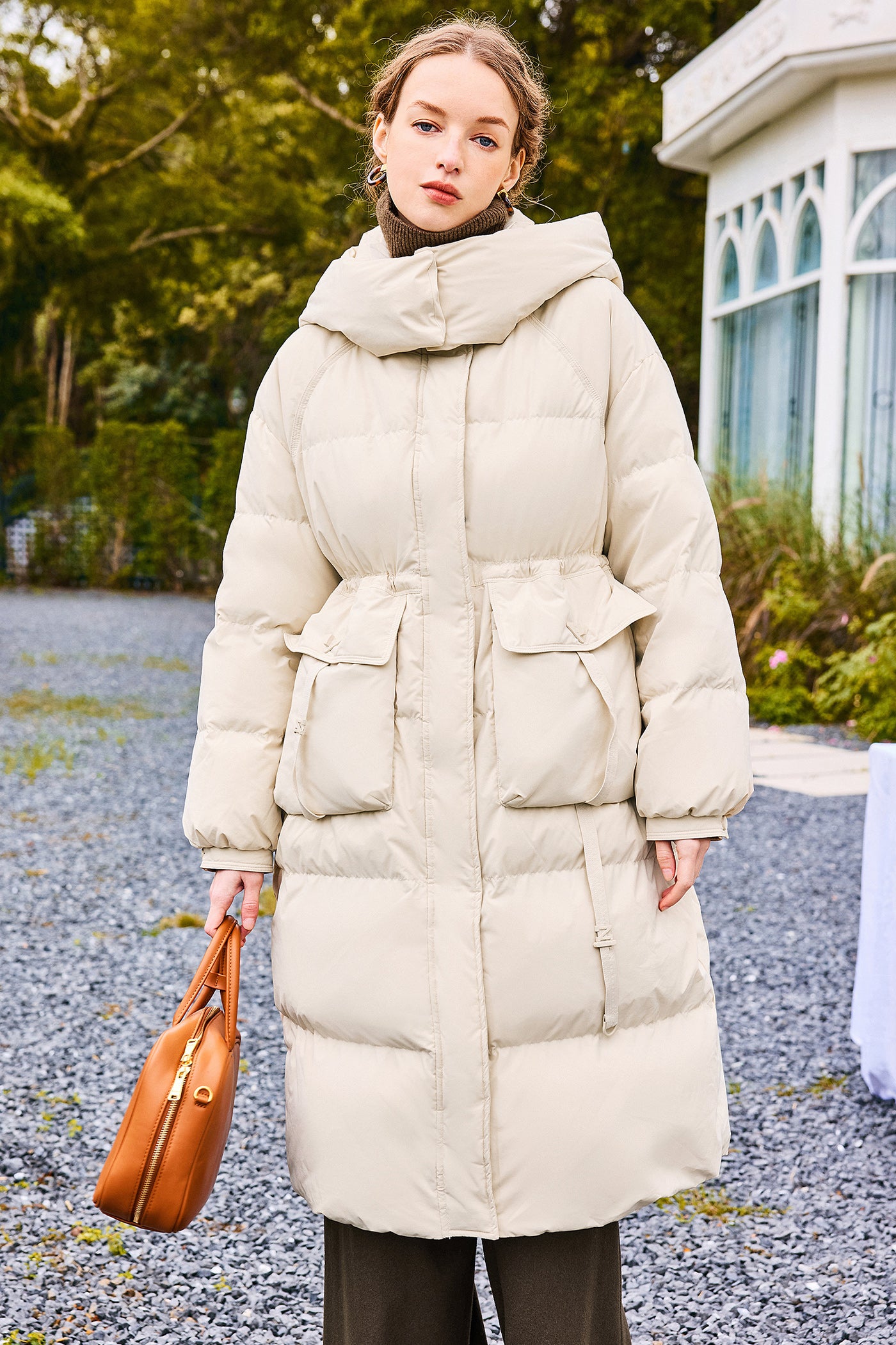 KAMILAN Women's Mid-Length Hooded Down Coat – 2025 Winter New White Duck Down Puffer Jacket, Warm Fashion Outerwear