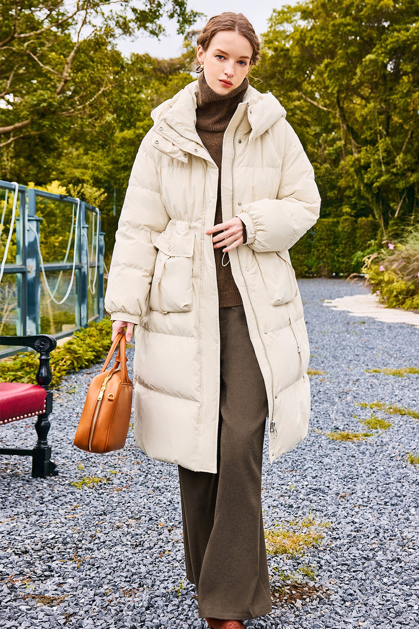 KAMILAN Women's Mid-Length Hooded Down Coat – 2025 Winter New White Duck Down Puffer Jacket, Warm Fashion Outerwear