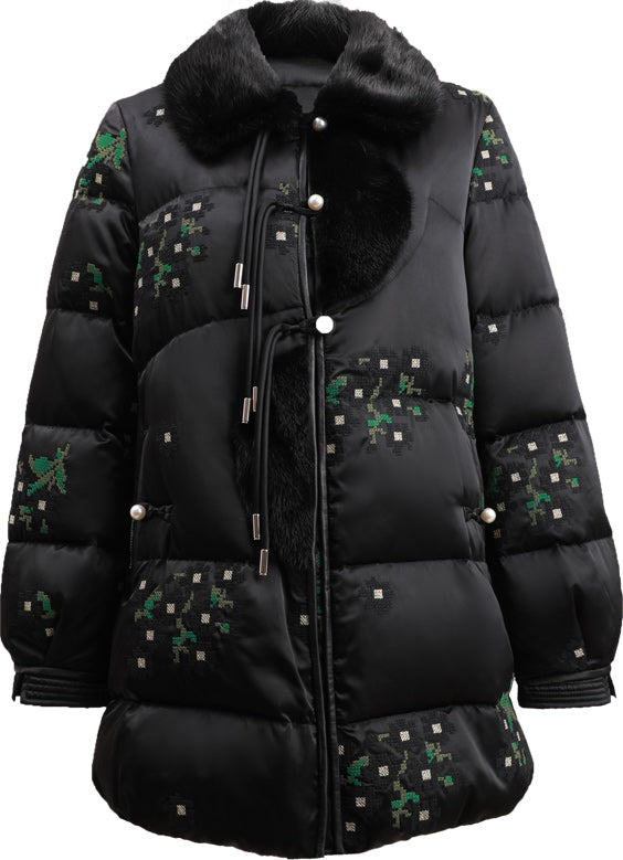 KAMILAN Embroidered White Goose Down Coat with Mink Fur Collar – 2025 Winter Elegant Mid-Length Parka for Women