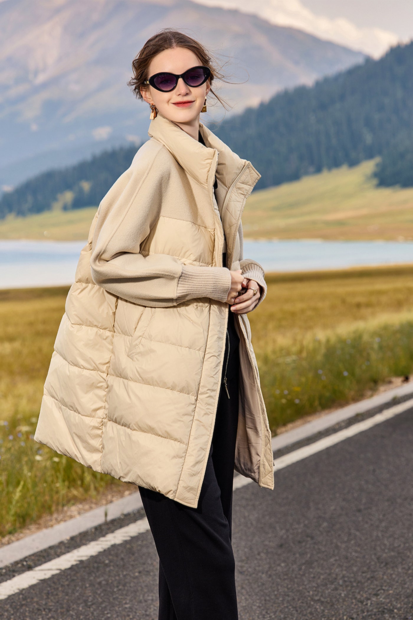 KAMILAN Mid‑Length Wool‑Spliced White Goose Down Coat (2025 Winter New Women’s Warm Jacket)