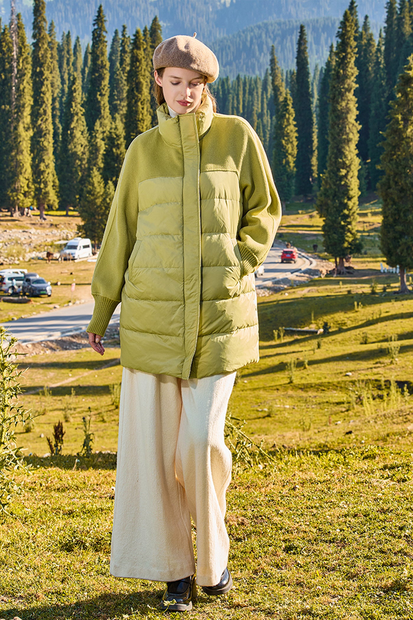 KAMILAN Mid‑Length Wool‑Spliced White Goose Down Coat (2025 Winter New Women’s Warm Jacket)
