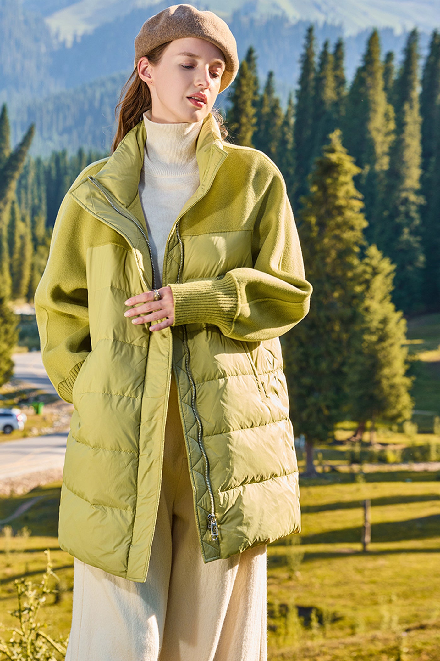 KAMILAN Mid‑Length Wool‑Spliced White Goose Down Coat (2025 Winter New Women’s Warm Jacket)