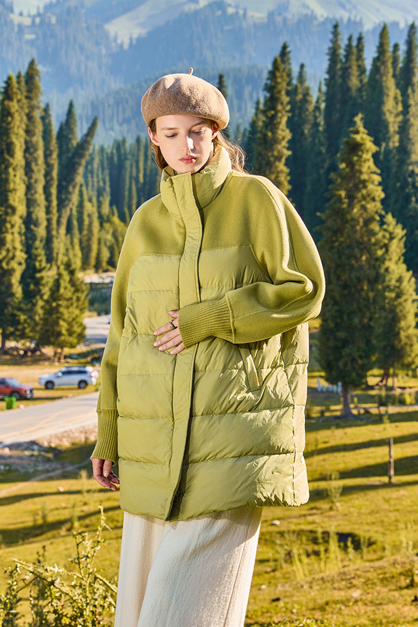 KAMILAN Mid‑Length Wool‑Spliced White Goose Down Coat (2025 Winter New Women’s Warm Jacket)