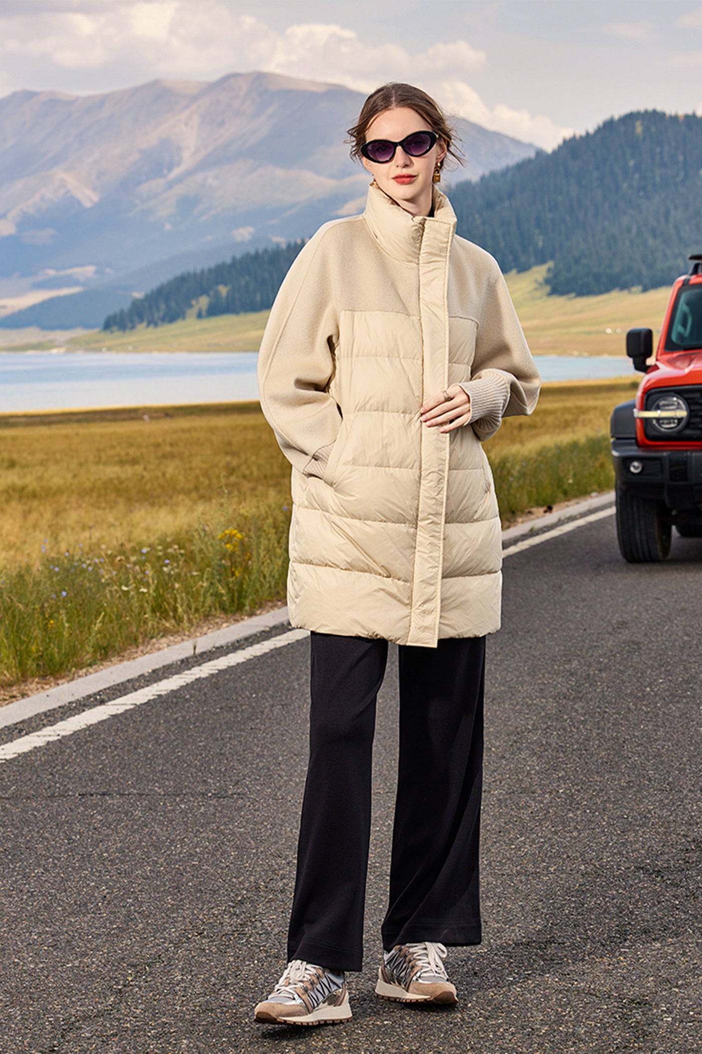 KAMILAN Mid‑Length Wool‑Spliced White Goose Down Coat (2025 Winter New Women’s Warm Jacket)
