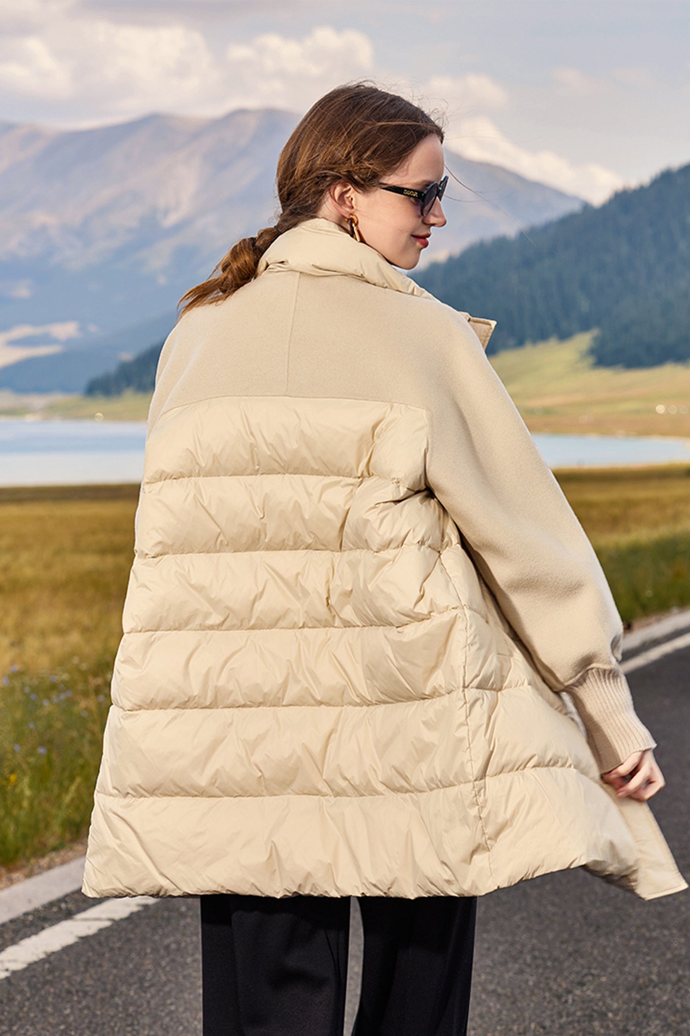 KAMILAN Mid‑Length Wool‑Spliced White Goose Down Coat (2025 Winter New Women’s Warm Jacket)