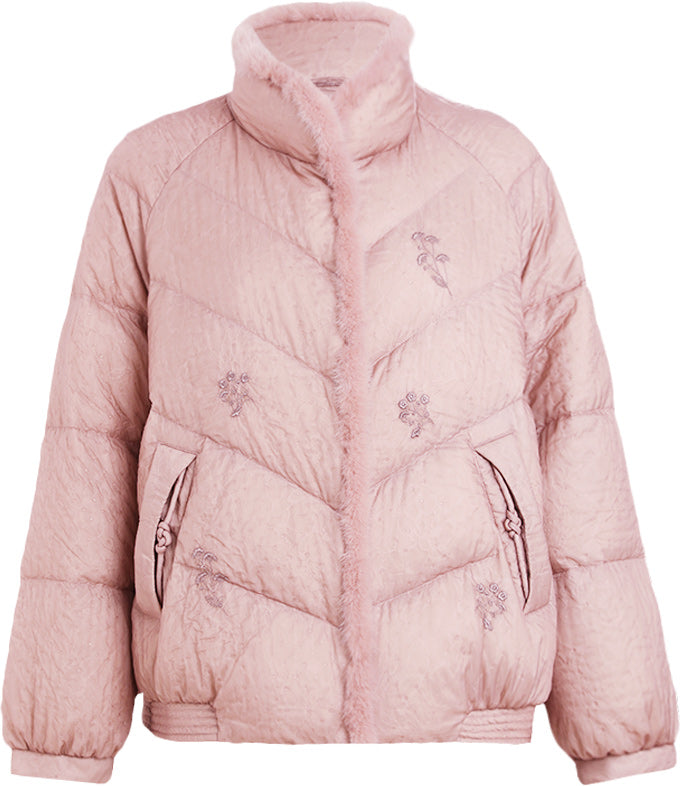 KAMILAN Women's Embroidered Down Jacket – 2025 Winter New White Duck Down Coat with Mink Fur Patchwork