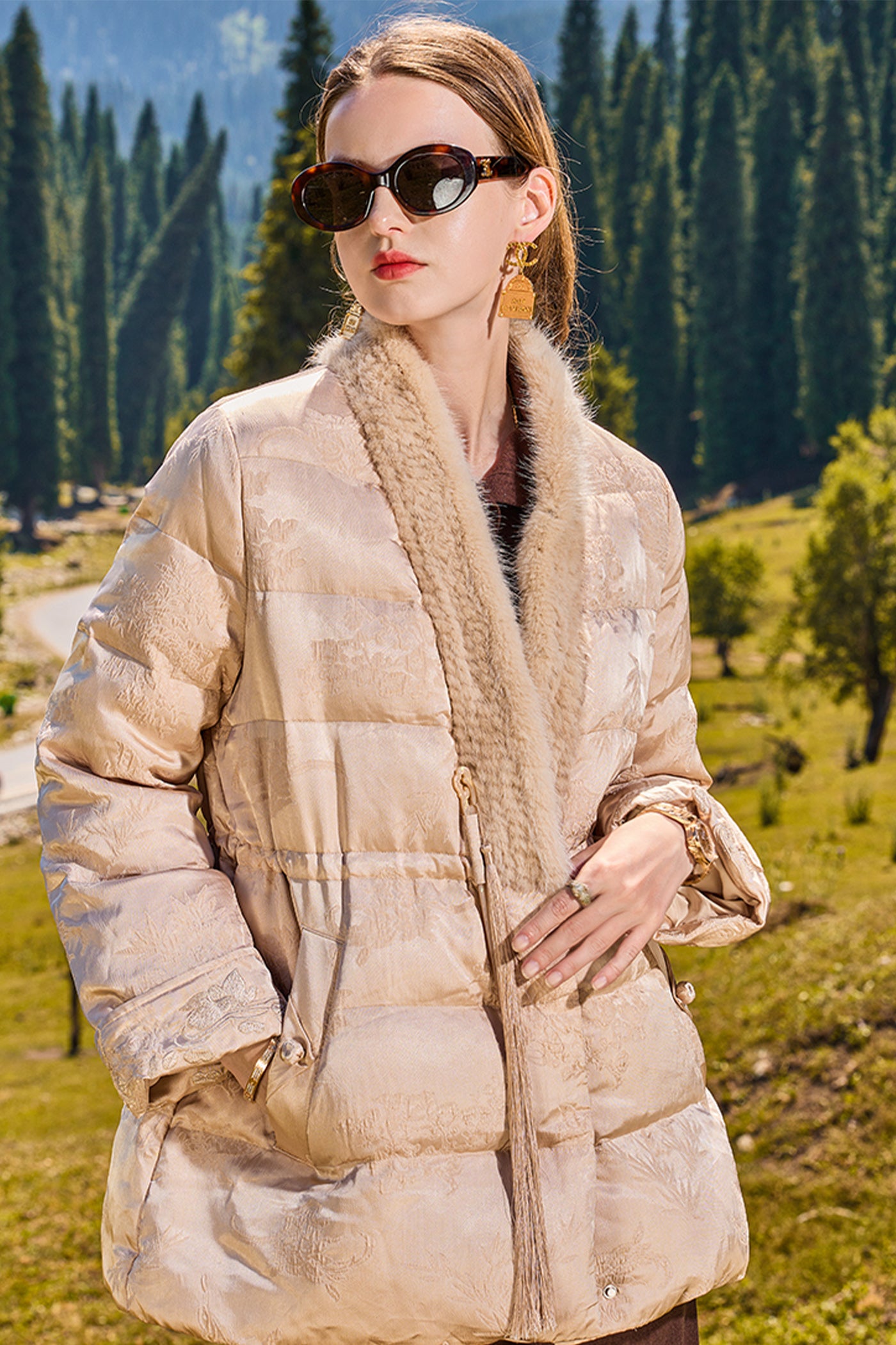 KAMILAN 2025 Winter Women's Down Coat | Mink Fur Trim Textured White Duck Down Jacket
