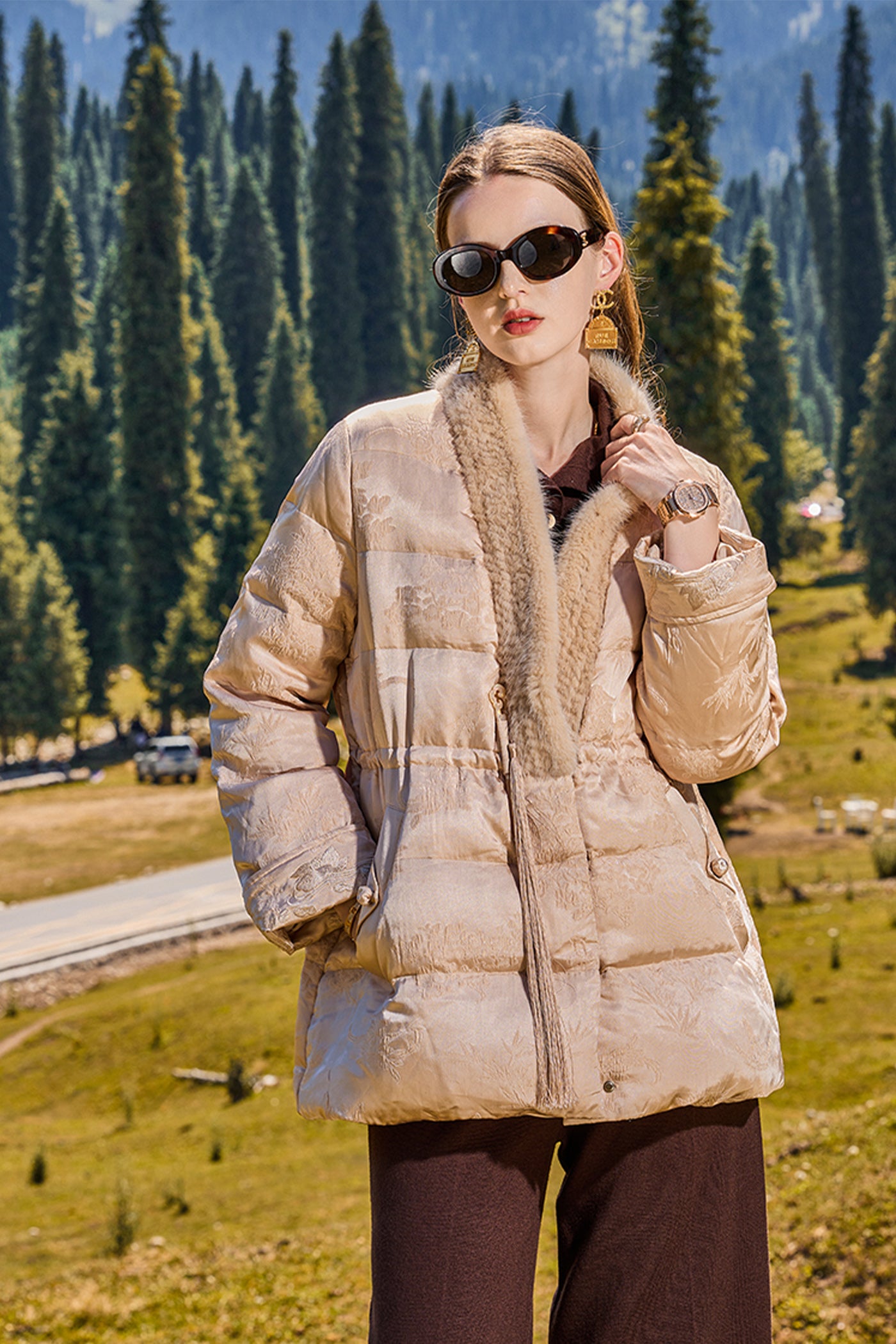 KAMILAN 2025 Winter Women's Down Coat | Mink Fur Trim Textured White Duck Down Jacket