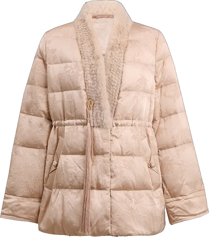 KAMILAN 2025 Winter Women's Down Coat | Mink Fur Trim Textured White Duck Down Jacket