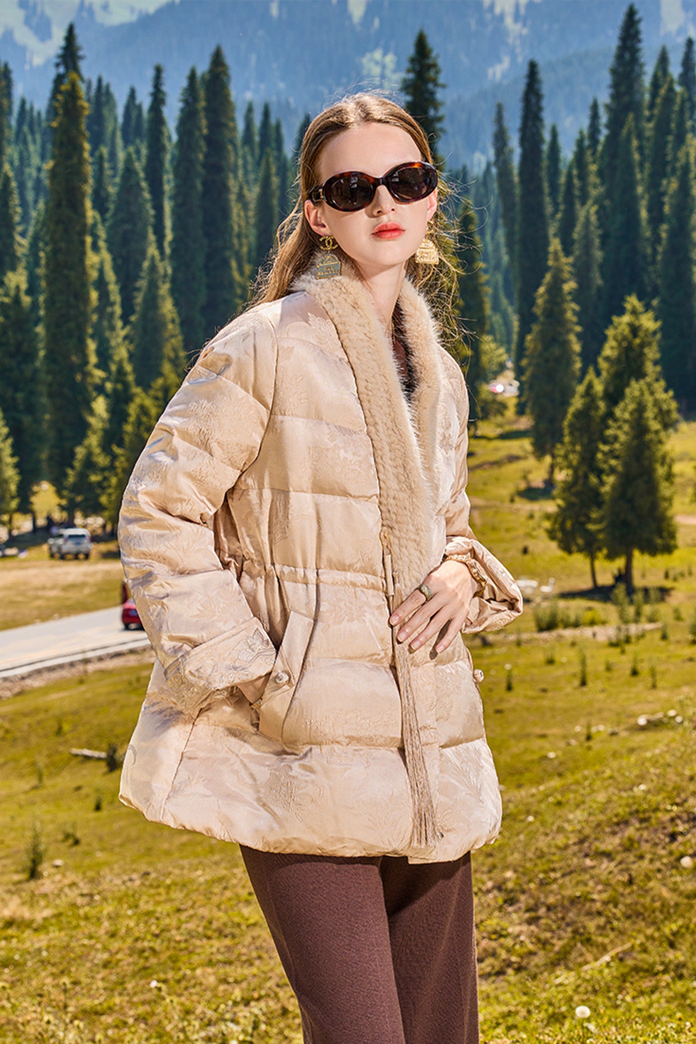 KAMILAN 2025 Winter Women's Down Coat | Mink Fur Trim Textured White Duck Down Jacket