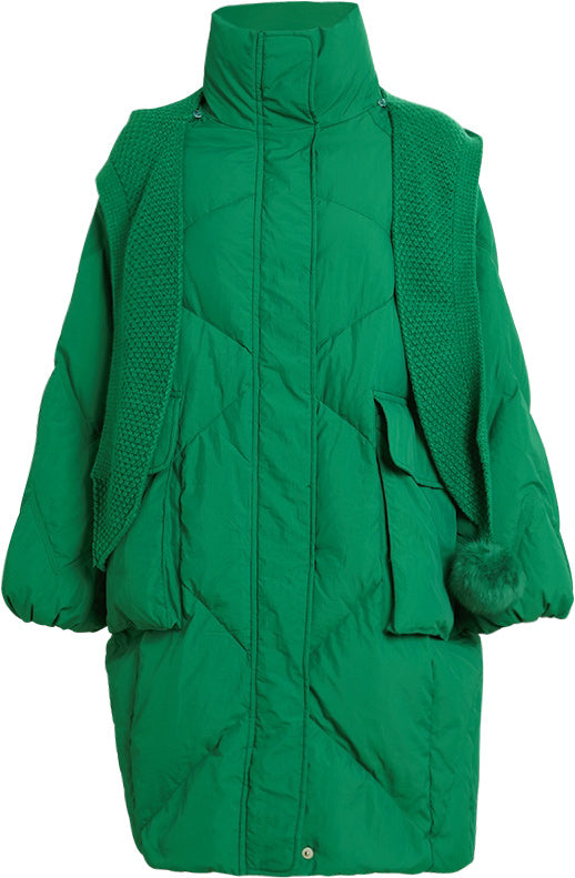 KAMILAN Women's White Goose Down Coat – 2025 Winter Mid-Length Hooded Jacket with Knit Panel Design
