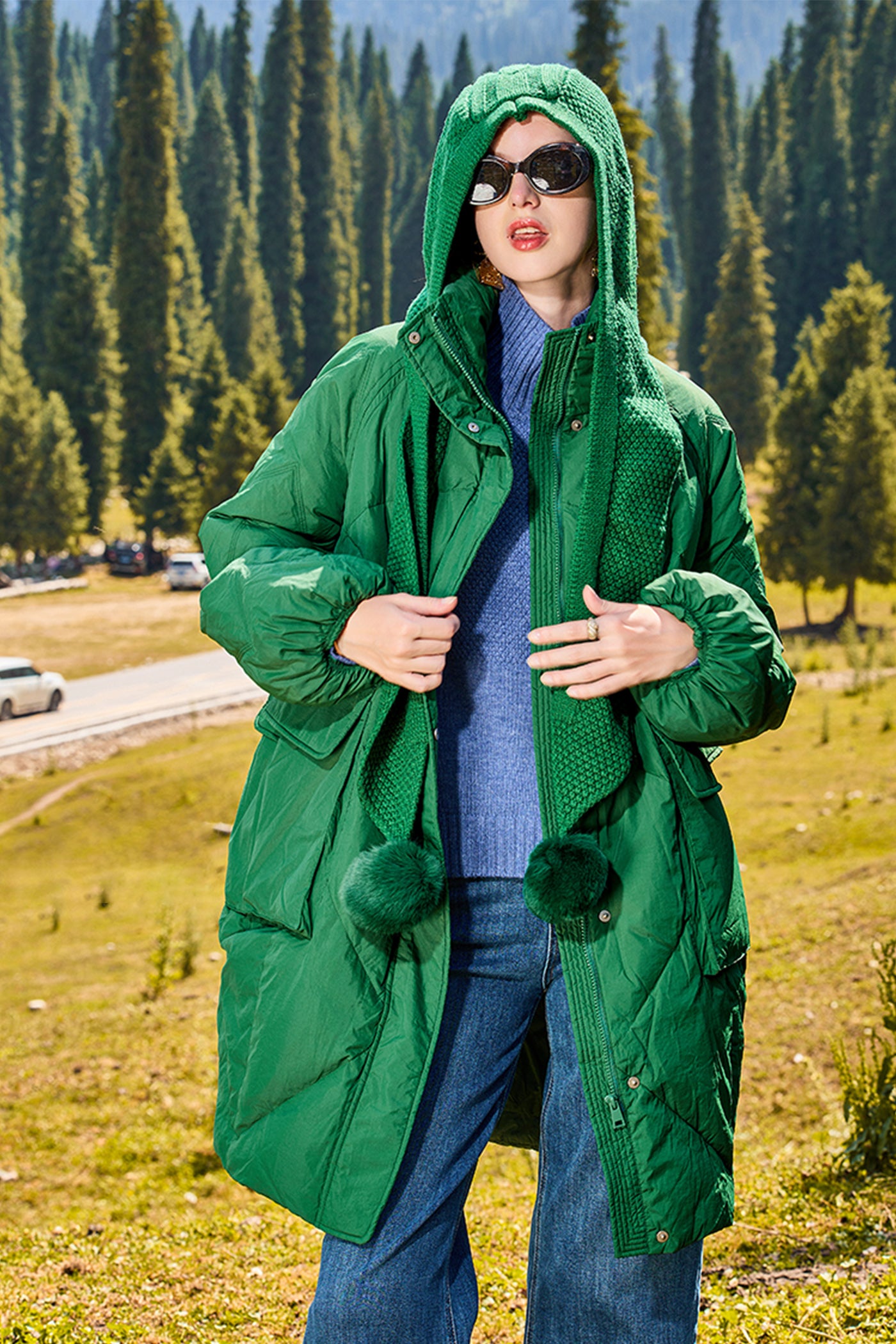 KAMILAN Women's White Goose Down Coat – 2025 Winter Mid-Length Hooded Jacket with Knit Panel Design