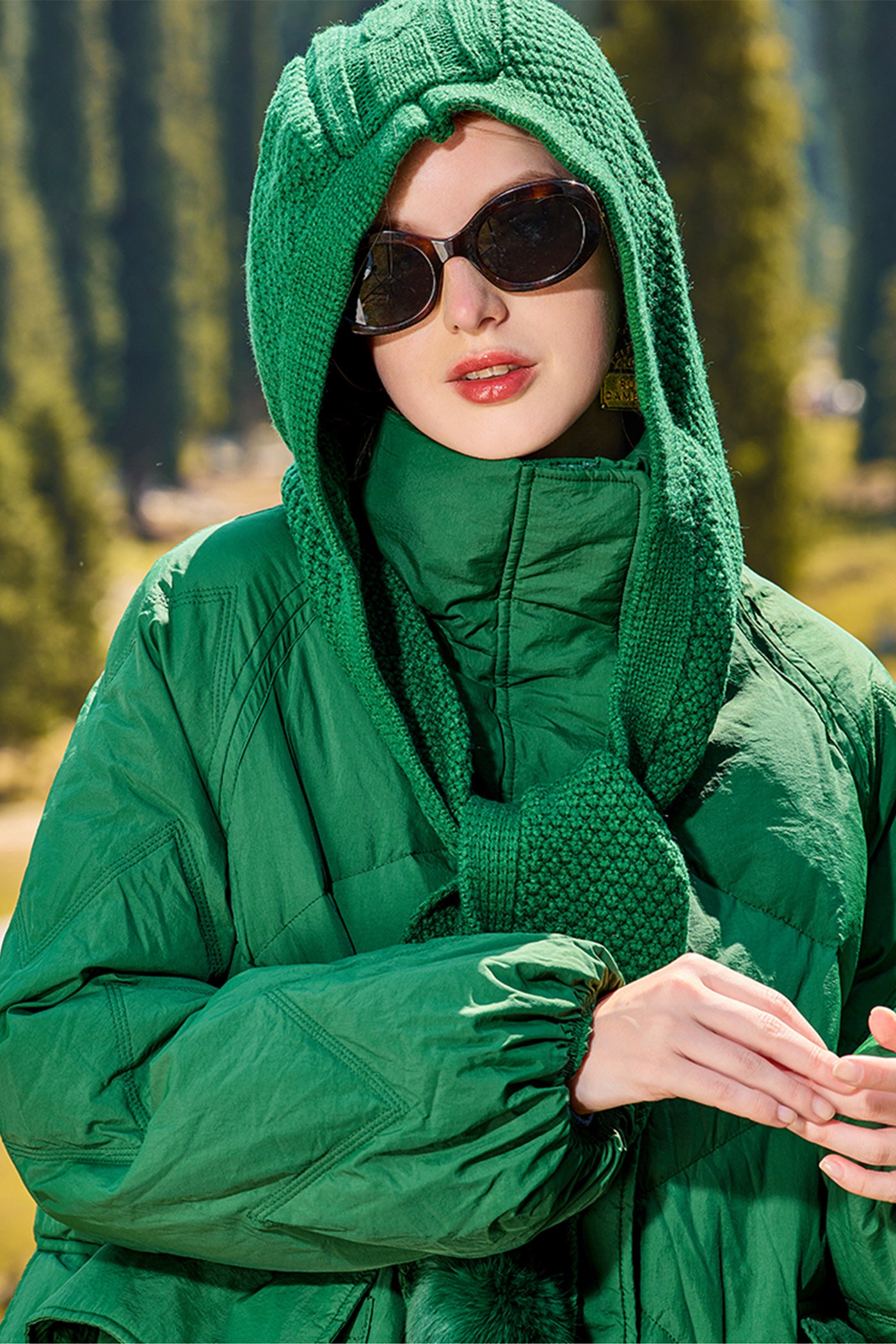 KAMILAN Women's White Goose Down Coat – 2025 Winter Mid-Length Hooded Jacket with Knit Panel Design