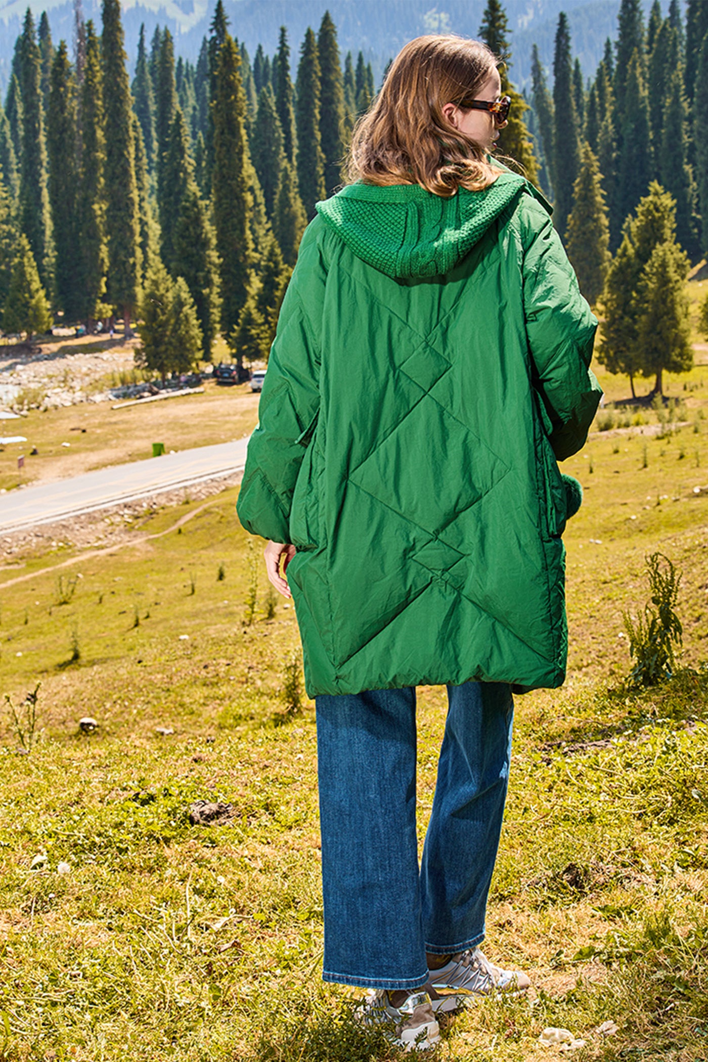 KAMILAN Women's White Goose Down Coat – 2025 Winter Mid-Length Hooded Jacket with Knit Panel Design