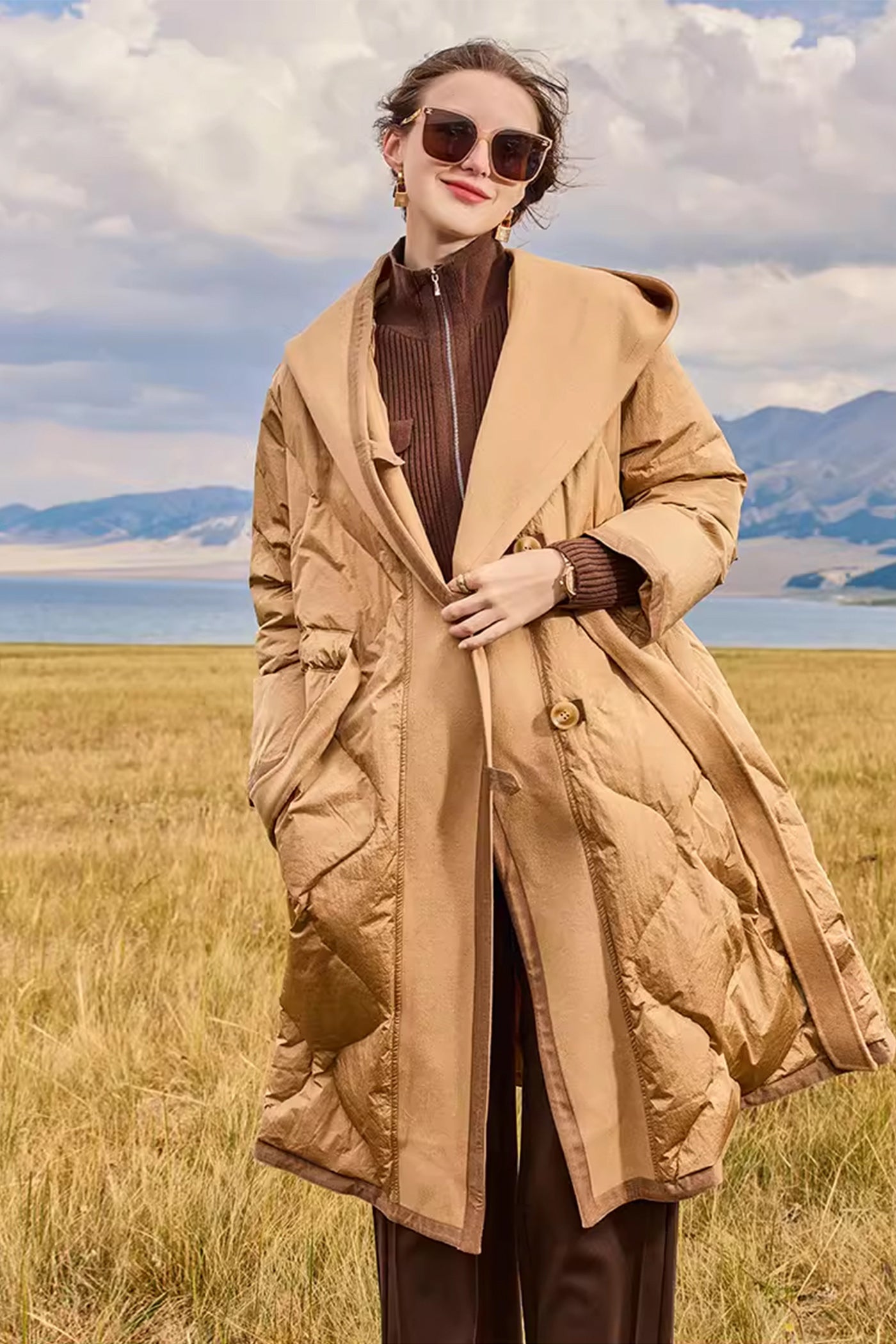 KAMILAN Women's Wool Blend Hooded Goose Down Coat – 2025 Winter Double-Faced Wool & White Goose Down Jacket