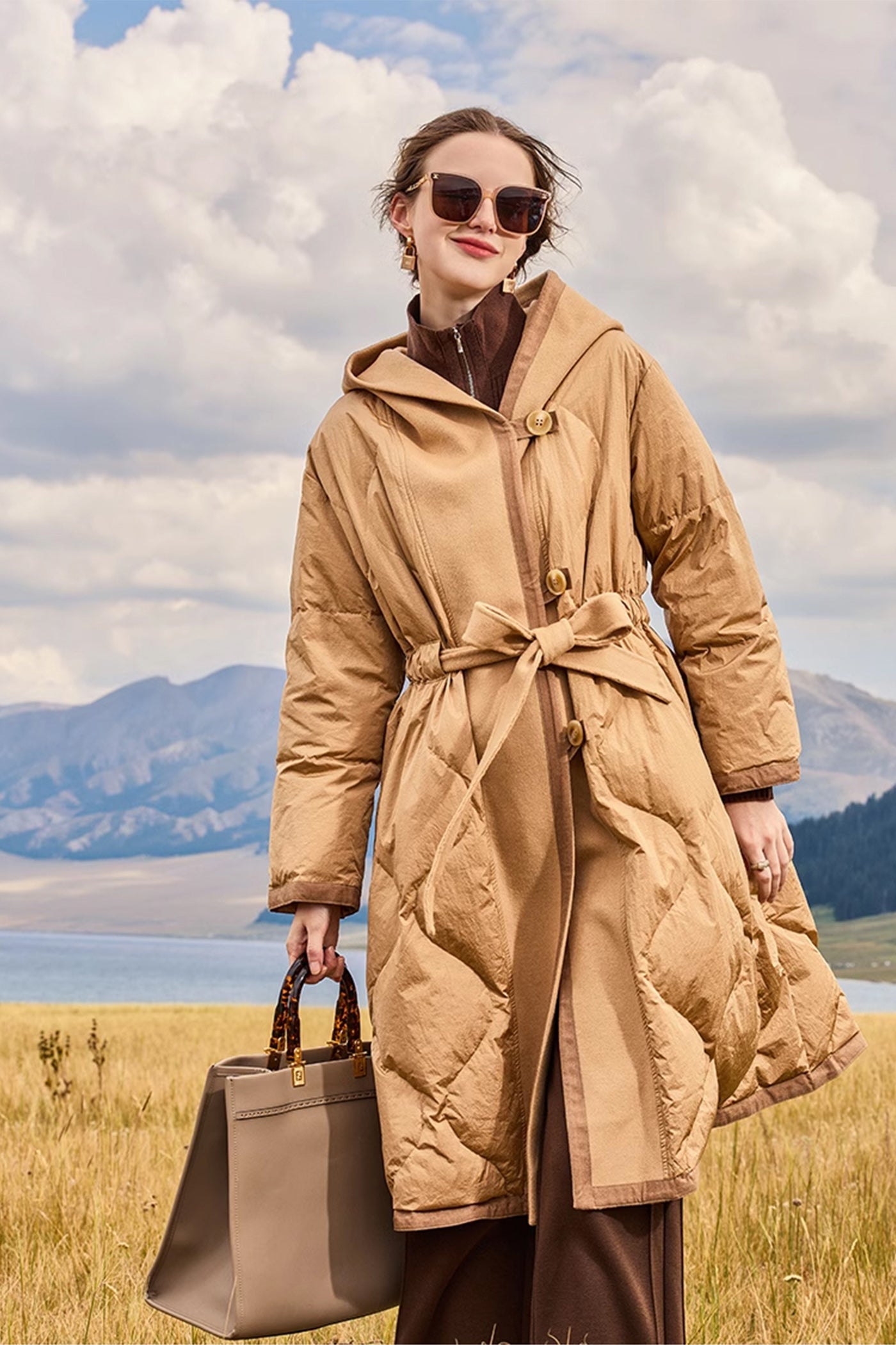 KAMILAN Women's Wool Blend Hooded Goose Down Coat – 2025 Winter Double-Faced Wool & White Goose Down Jacket