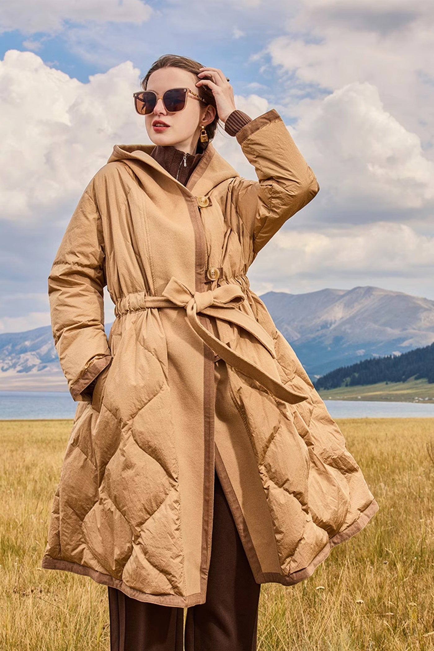 KAMILAN Women's Wool Blend Hooded Goose Down Coat – 2025 Winter Double-Faced Wool & White Goose Down Jacket