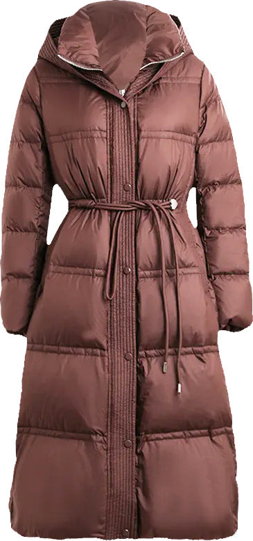 KAMILAN Women's Hooded Down Coat – 2025 Winter New White Duck Down Long Belted Puffer Jacket, Mid-Length Over-the-Knee Style