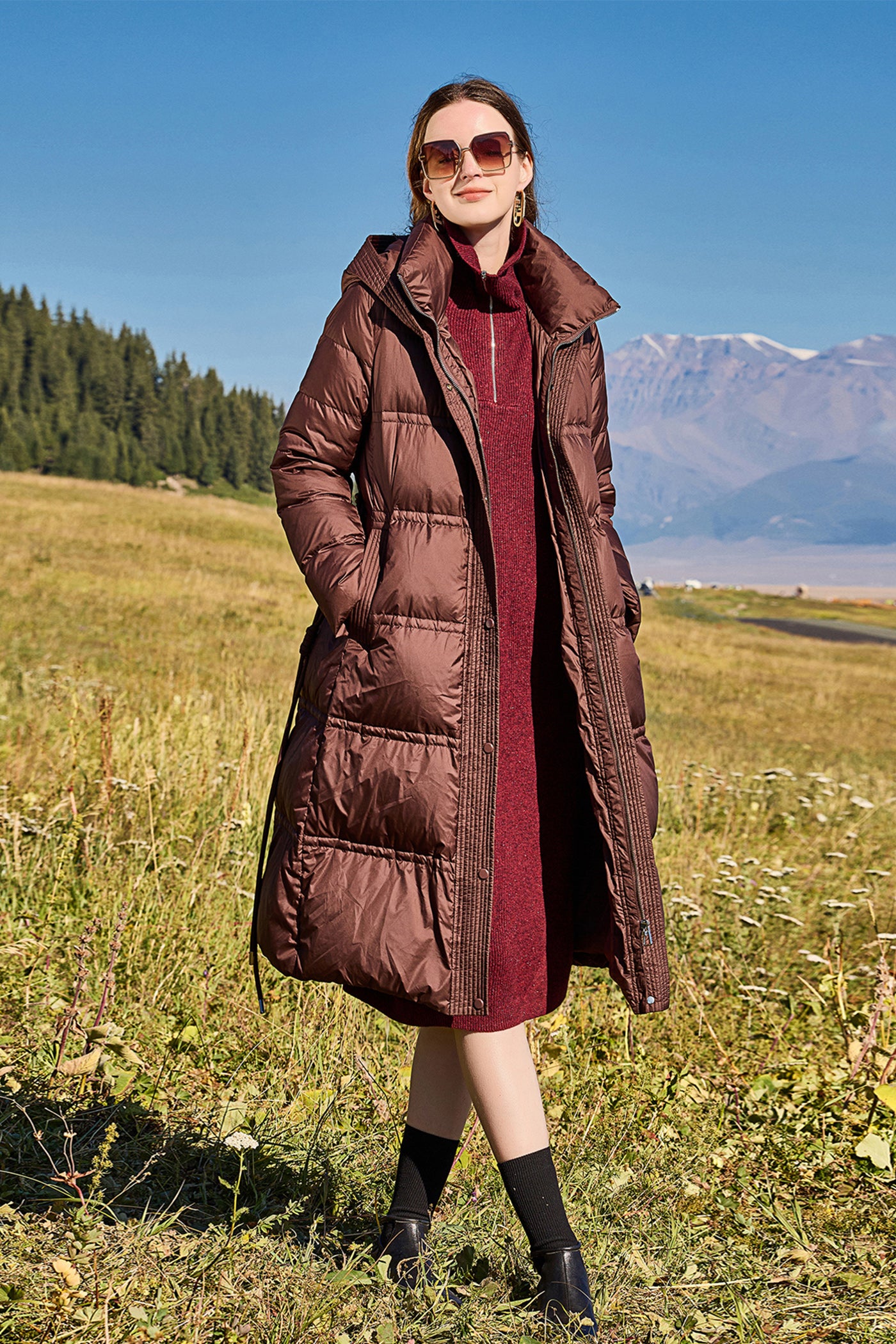 KAMILAN Women's Hooded Down Coat – 2025 Winter New White Duck Down Long Belted Puffer Jacket, Mid-Length Over-the-Knee Style