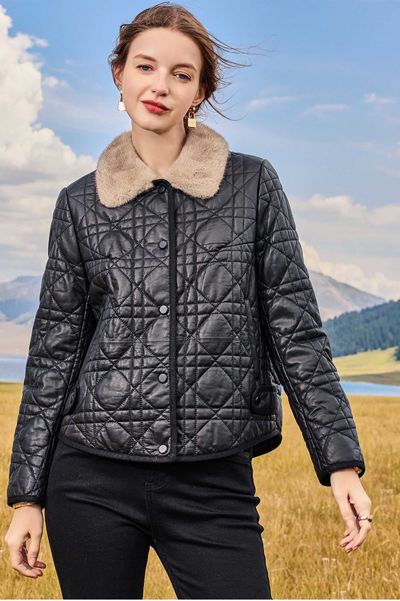 KAMILAN Women's Short Leather Down Jacket – 2025 Winter Warm Genuine Leather Coat with Mink Fur Collar