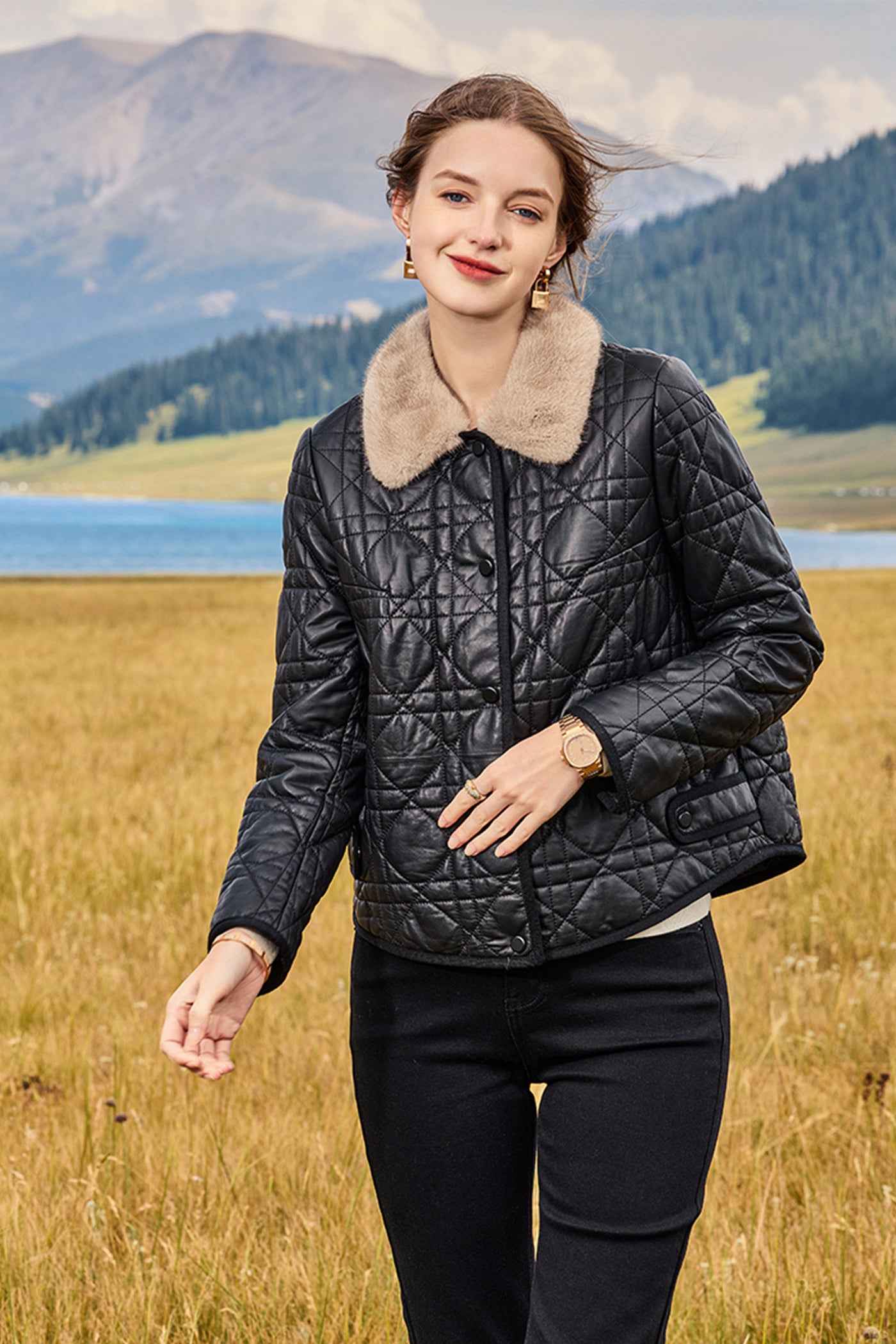 KAMILAN Women's Short Leather Down Jacket – 2025 Winter Warm Genuine Leather Coat with Mink Fur Collar