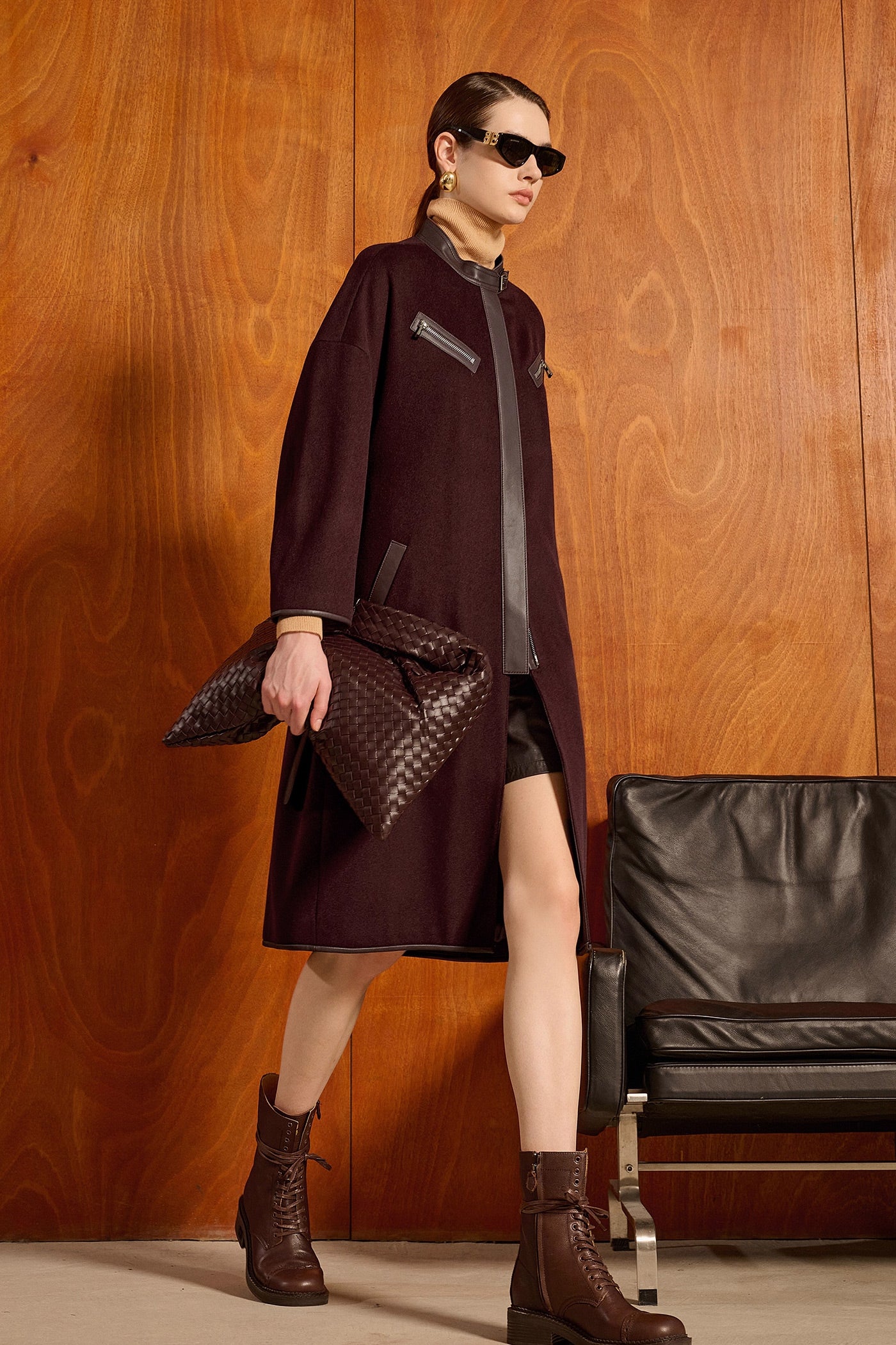 KAMILAN Women's Wool Coat – 2025 Autumn New Mid-Length Sheepskin Patchwork Wool Blend Overcoat