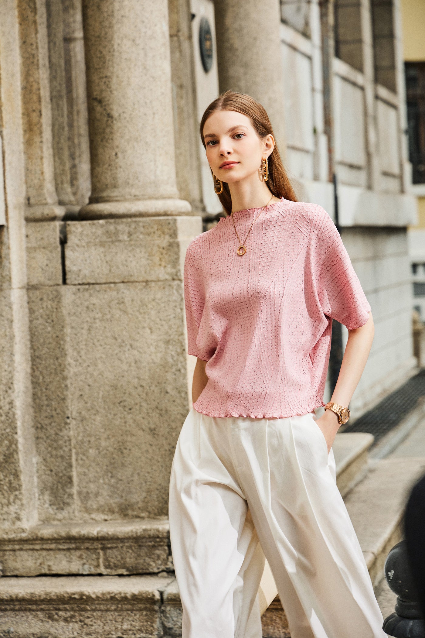 KAMILAN Elegant Stand Collar Short-Sleeve T-Shirt