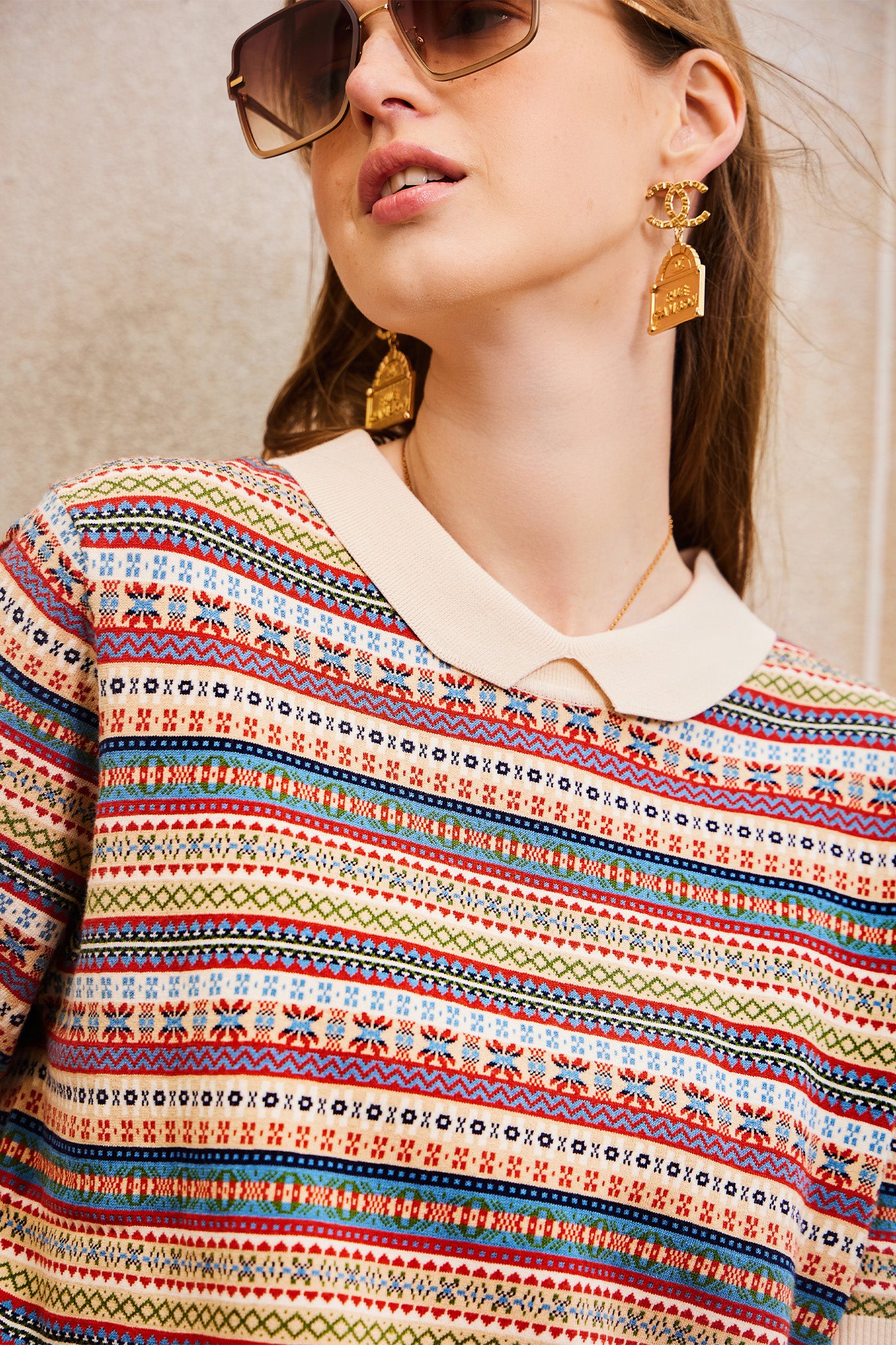 KAMILAN European and American Style Printed Knit Sweater