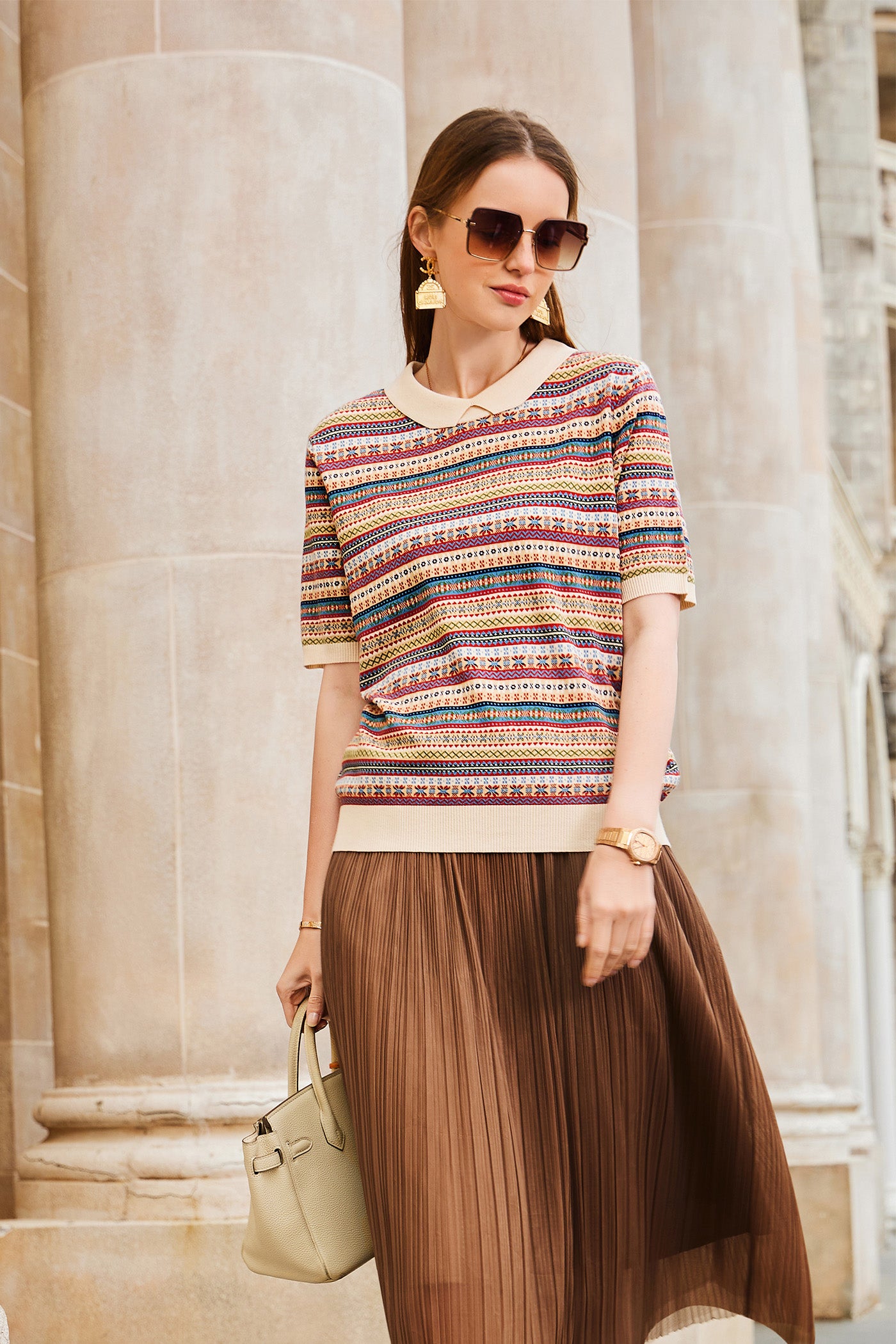 KAMILAN European and American Style Printed Knit Sweater