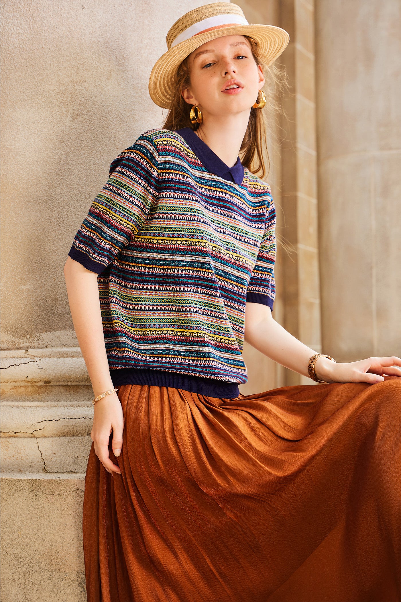 KAMILAN European and American Style Printed Knit Sweater