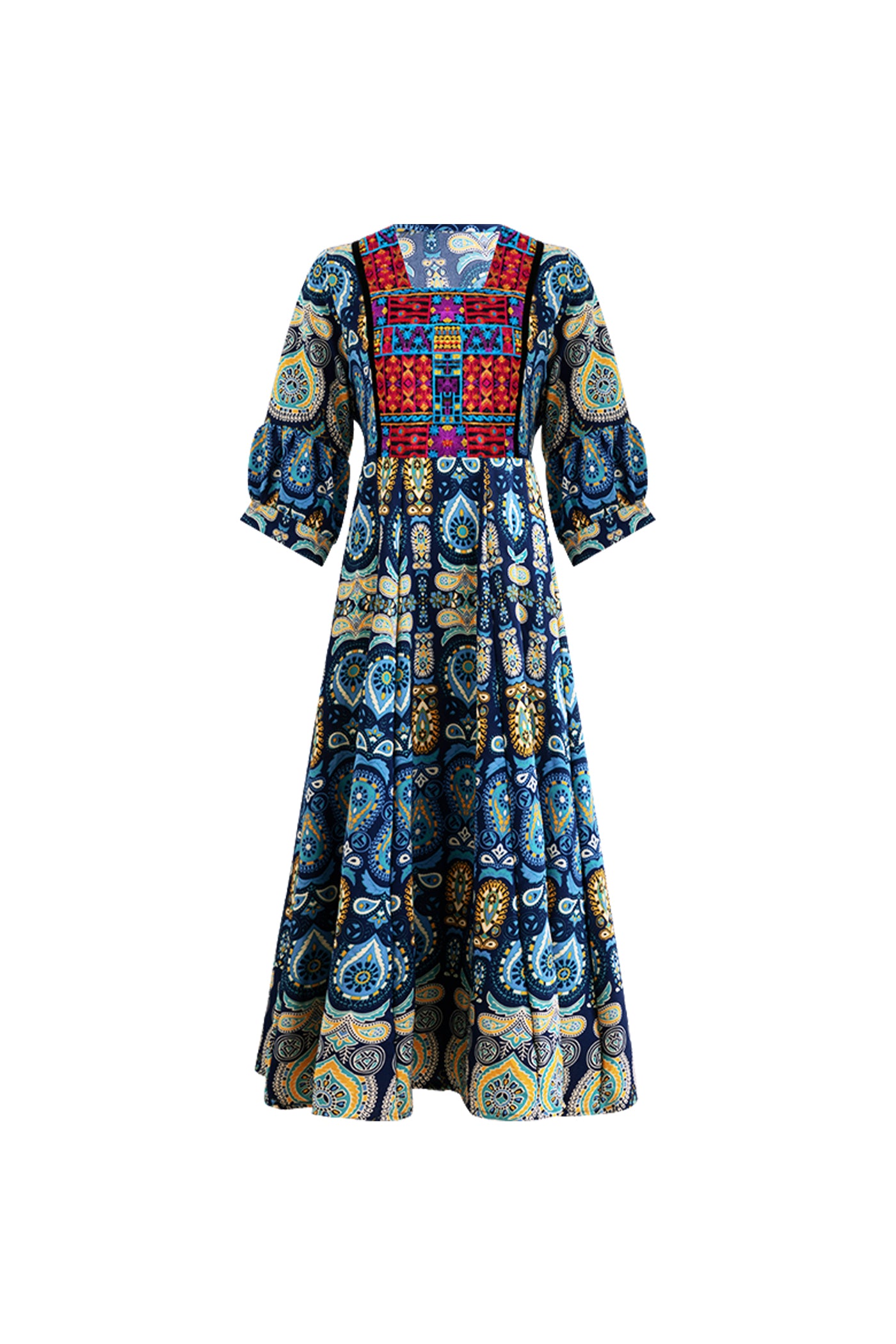 KAMILAN Vacation-Inspired Printed & Embroidered Patchwork Dress